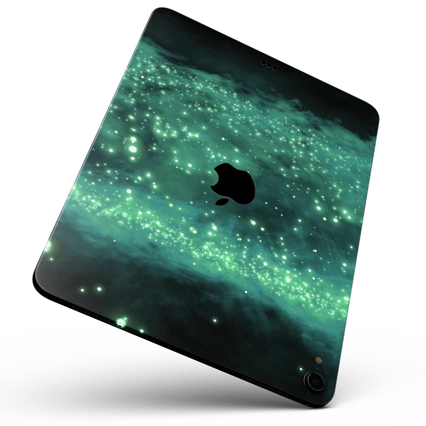 Glowing Green Orbs of Light skin decal applied on an Apple iPad, showcasing vibrant colors and sleek design.