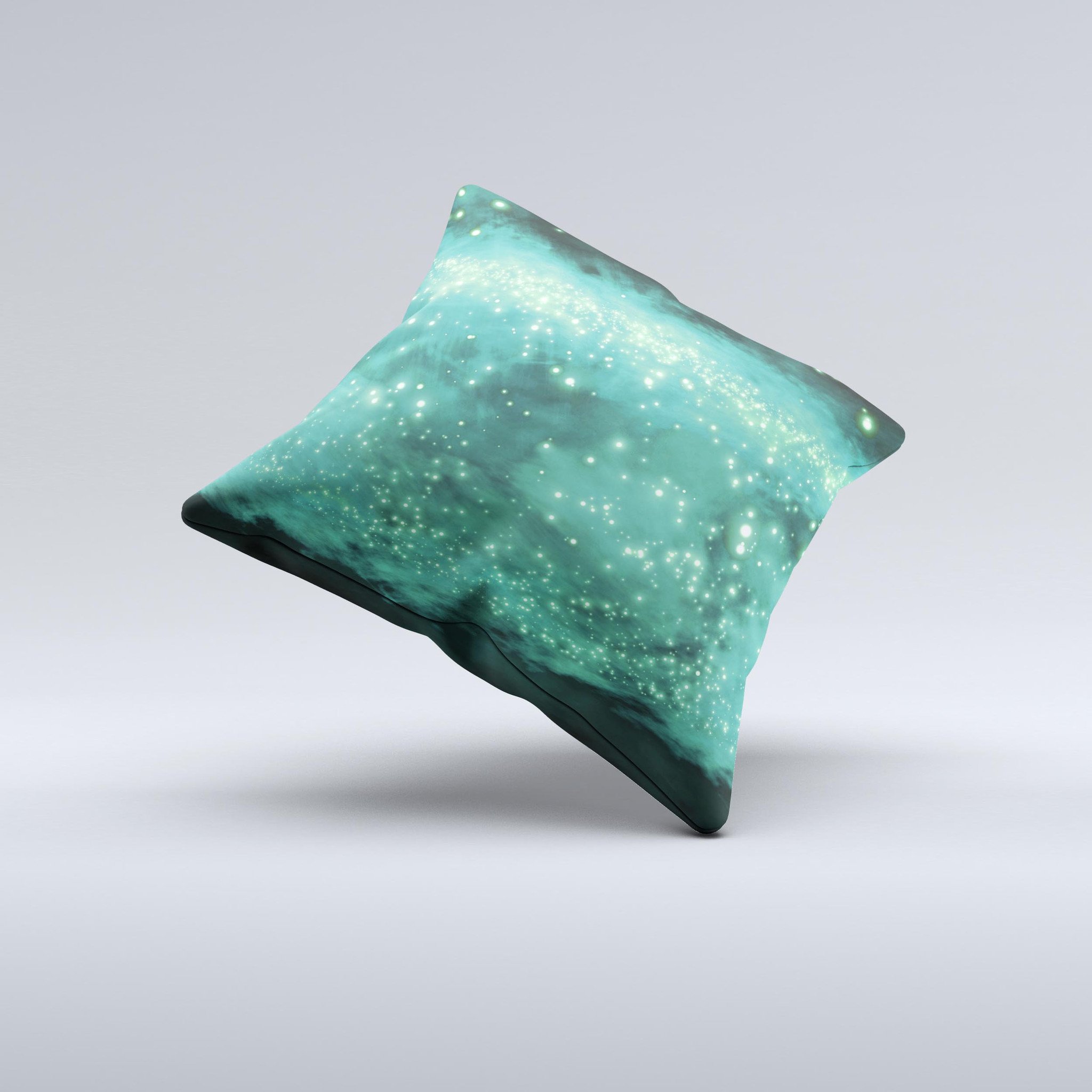 A vibrant decorative throw pillow featuring glowing green orbs of light, handcrafted with high-quality fabric and unique design.