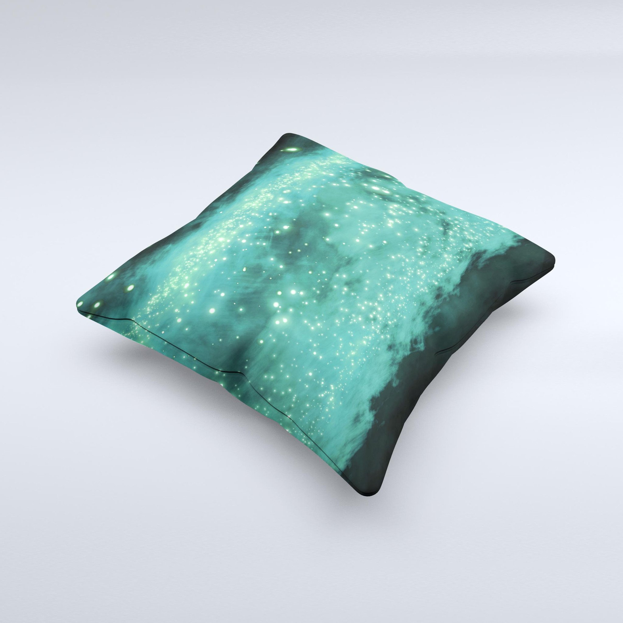 A vibrant decorative throw pillow featuring glowing green orbs of light, handcrafted with high-quality fabric and unique design.