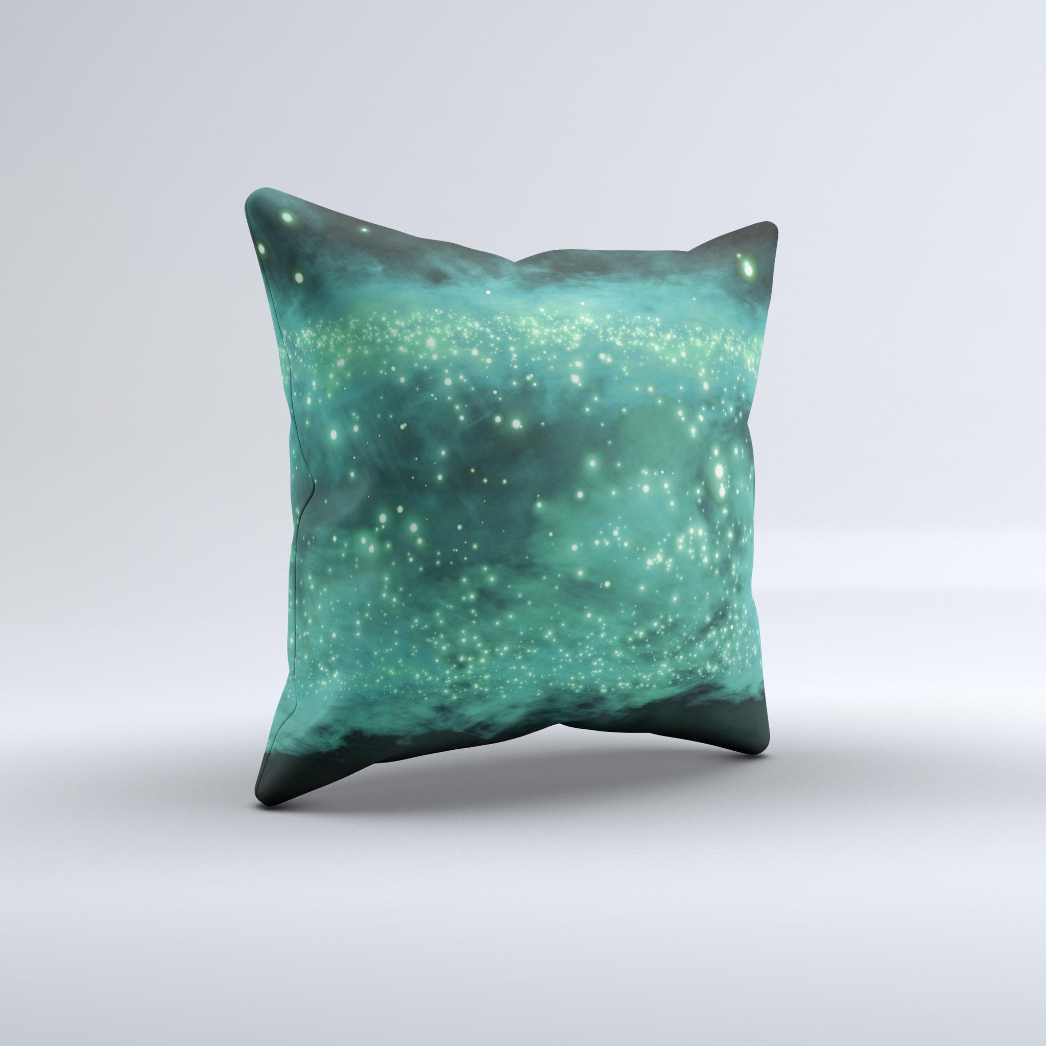 A vibrant decorative throw pillow featuring glowing green orbs of light, handcrafted with high-quality fabric and unique design.