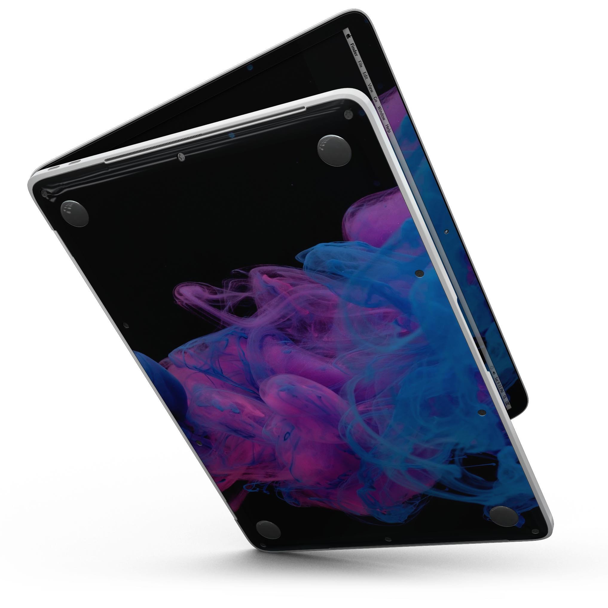 Glowing Pink and Blue CloudSwirl skin for 13" MacBook Pro without Touch Bar, showcasing vibrant colors and sleek design.