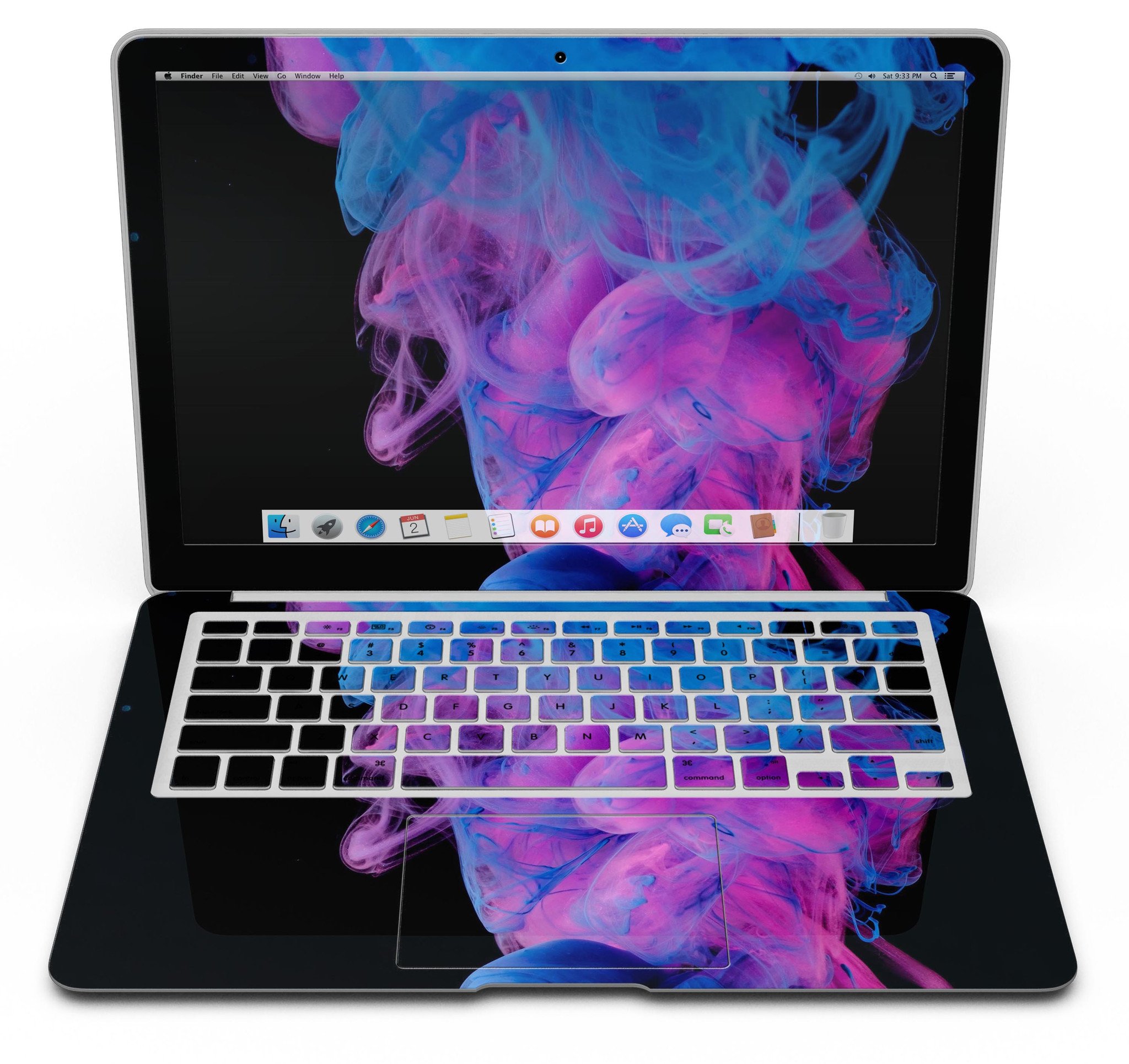 Glowing Pink and Blue CloudSwirl MacBook Air Skin Kit showcasing vibrant colors and sleek design.