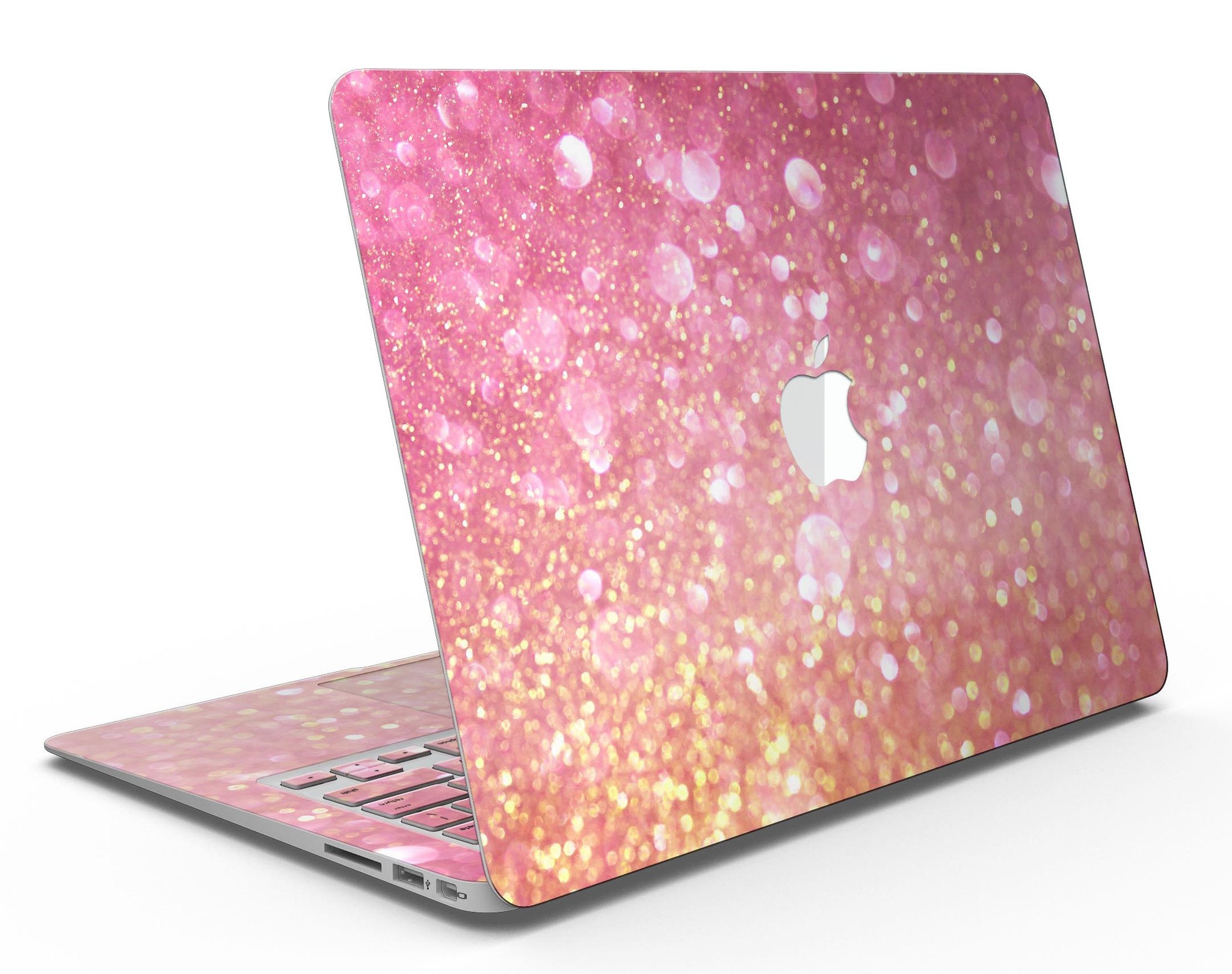 Glowing Pink and Gold Orbs of Light skin kit for MacBook Air, showcasing vibrant colors and a sleek design.