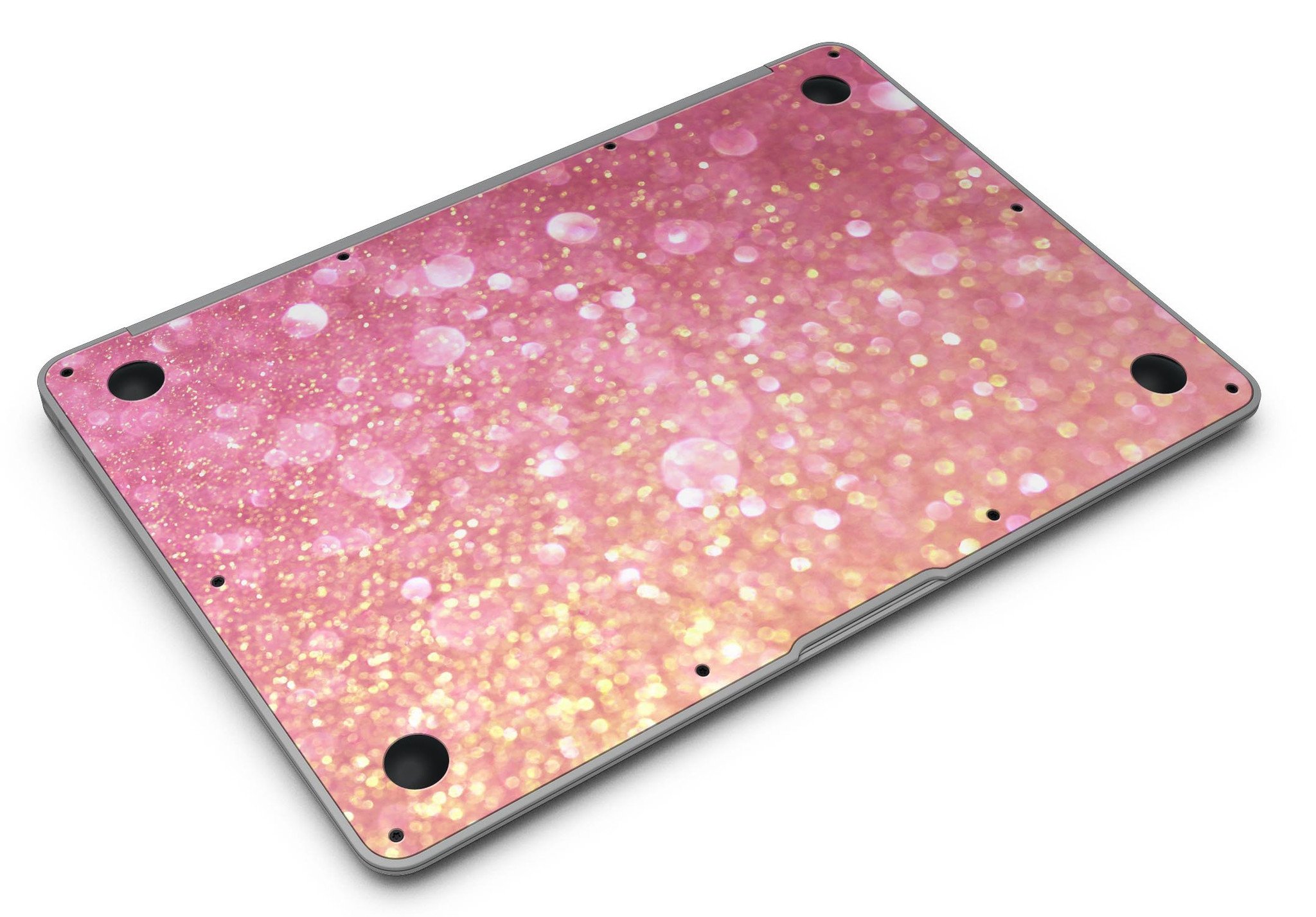 Glowing Pink and Gold Orbs of Light skin kit for MacBook Air, showcasing vibrant colors and a sleek design.