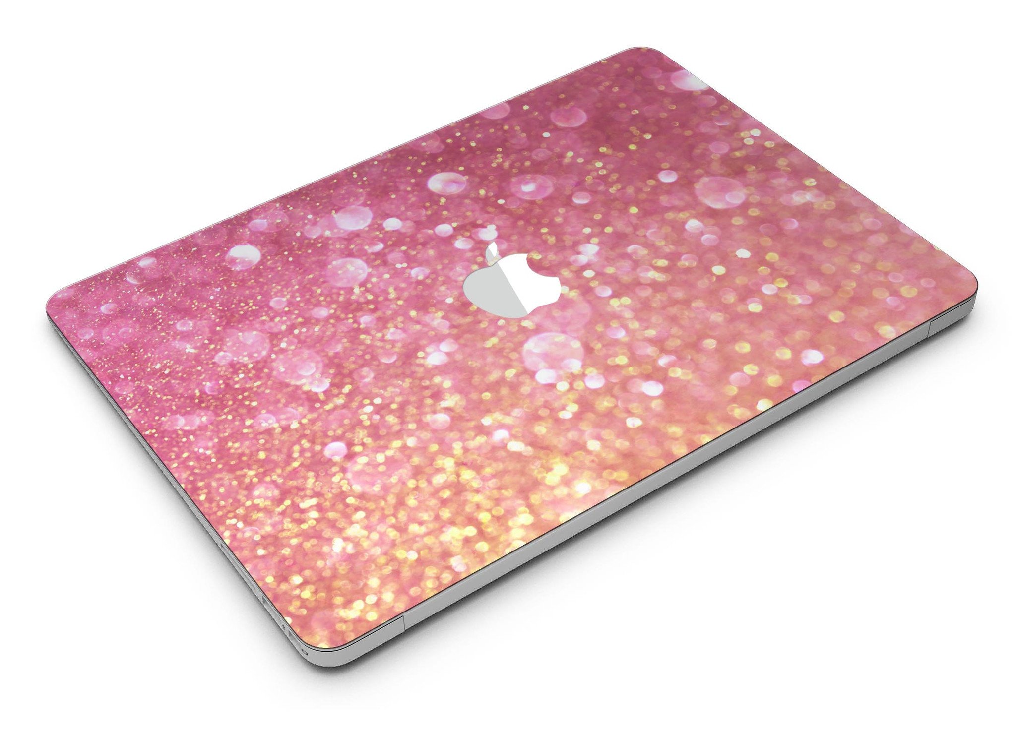 Glowing Pink and Gold Orbs of Light skin kit for MacBook Air, showcasing vibrant colors and a sleek design.