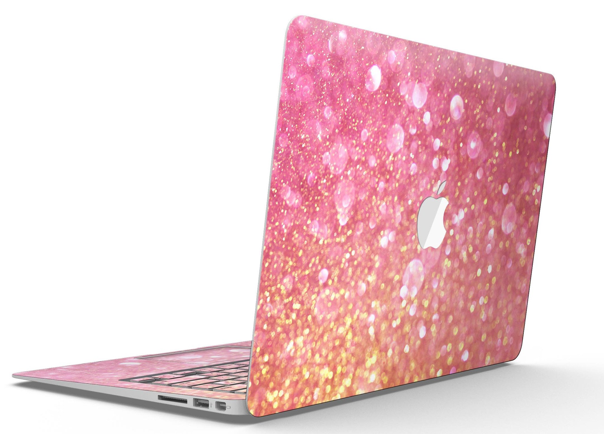 Glowing Pink and Gold Orbs of Light skin kit for MacBook Air, showcasing vibrant colors and a sleek design.