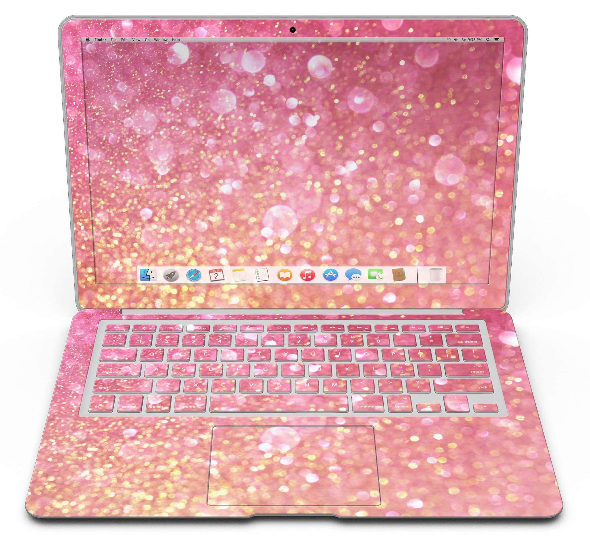 Glowing Pink and Gold Orbs of Light skin kit for MacBook Air, showcasing vibrant colors and a sleek design.