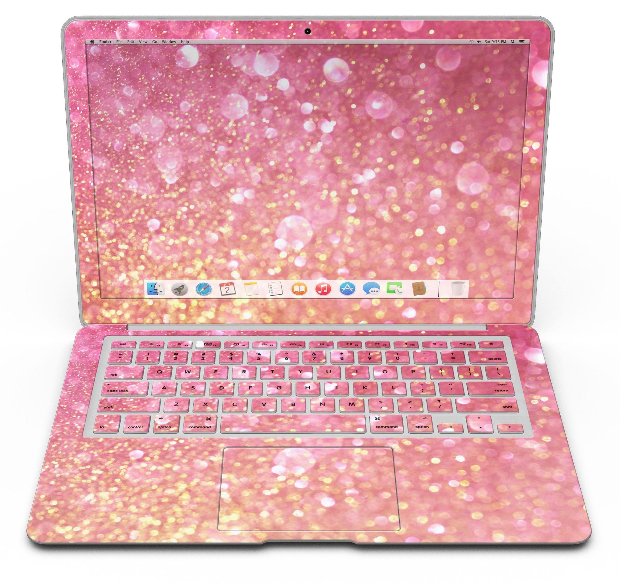 Glowing Pink and Gold Orbs of Light skin kit for MacBook Air, showcasing vibrant colors and a sleek design.