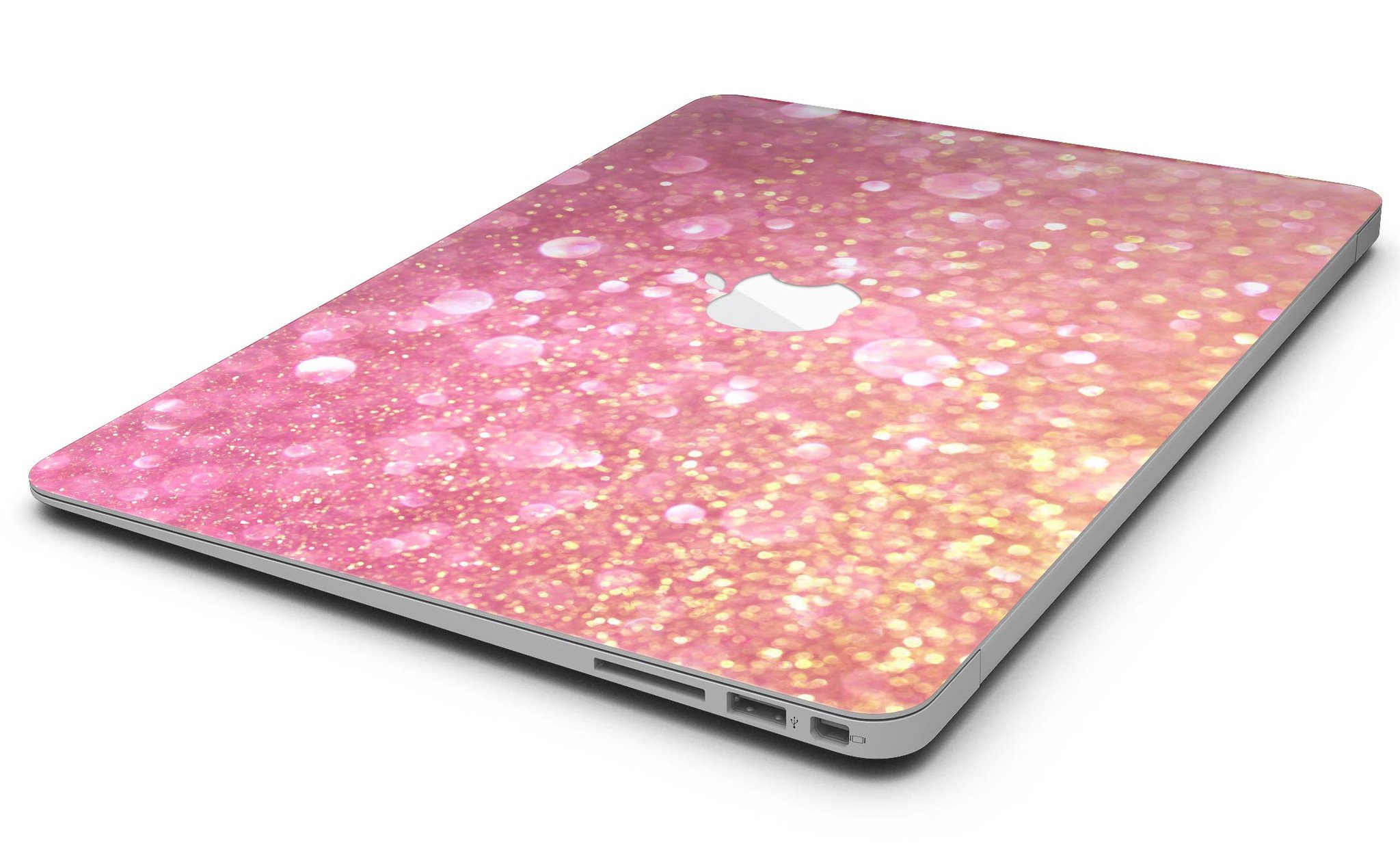 Glowing Pink and Gold Orbs of Light skin kit for MacBook Air, showcasing vibrant colors and a sleek design.