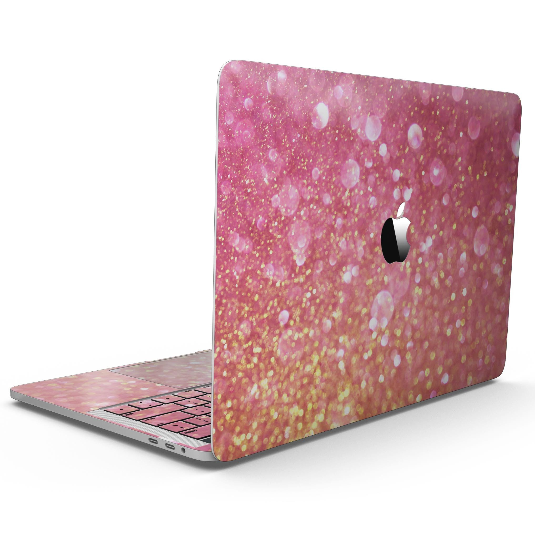 Glowing Pink and Gold Orbs of Light skin for MacBook Pro, showcasing vibrant colors and a sleek design.