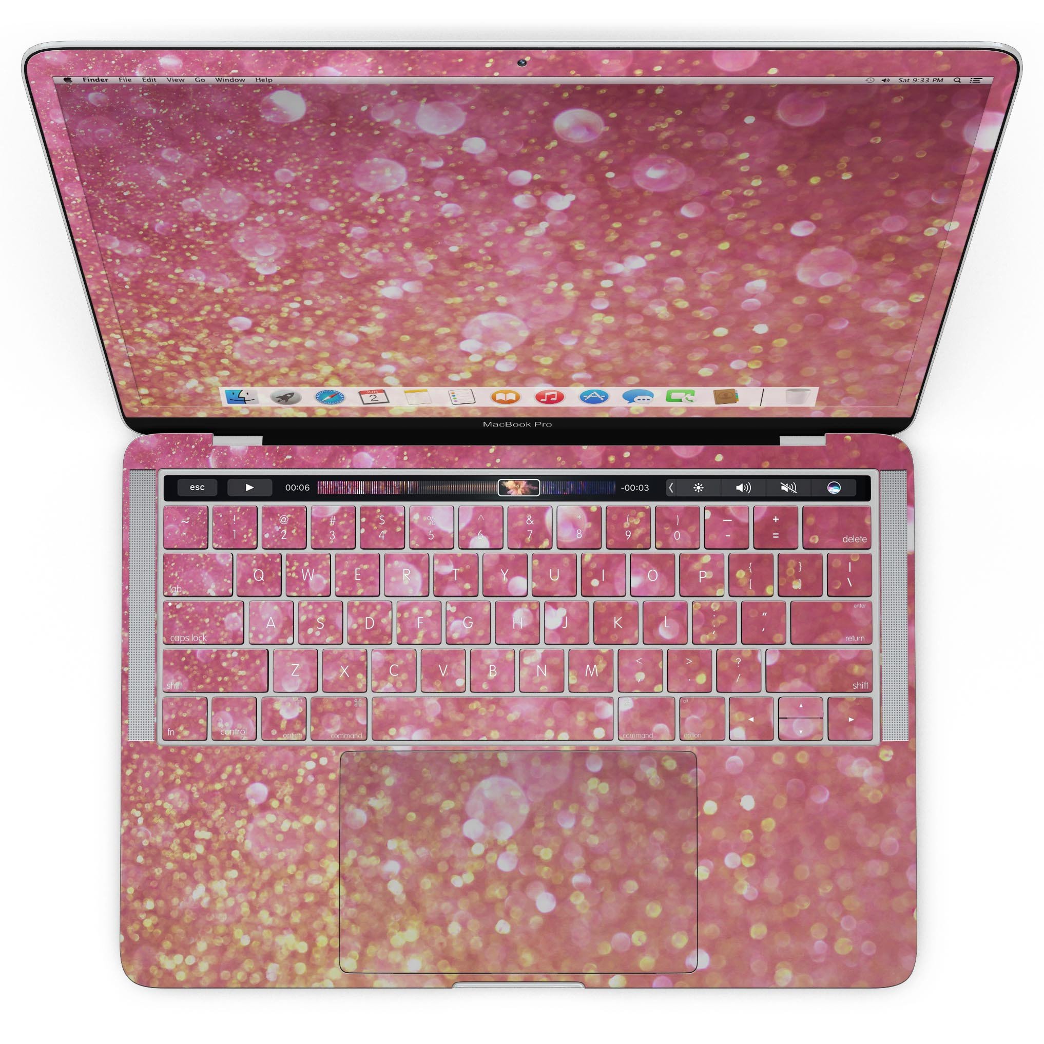 Glowing Pink and Gold Orbs of Light skin for MacBook Pro, showcasing vibrant colors and a sleek design.