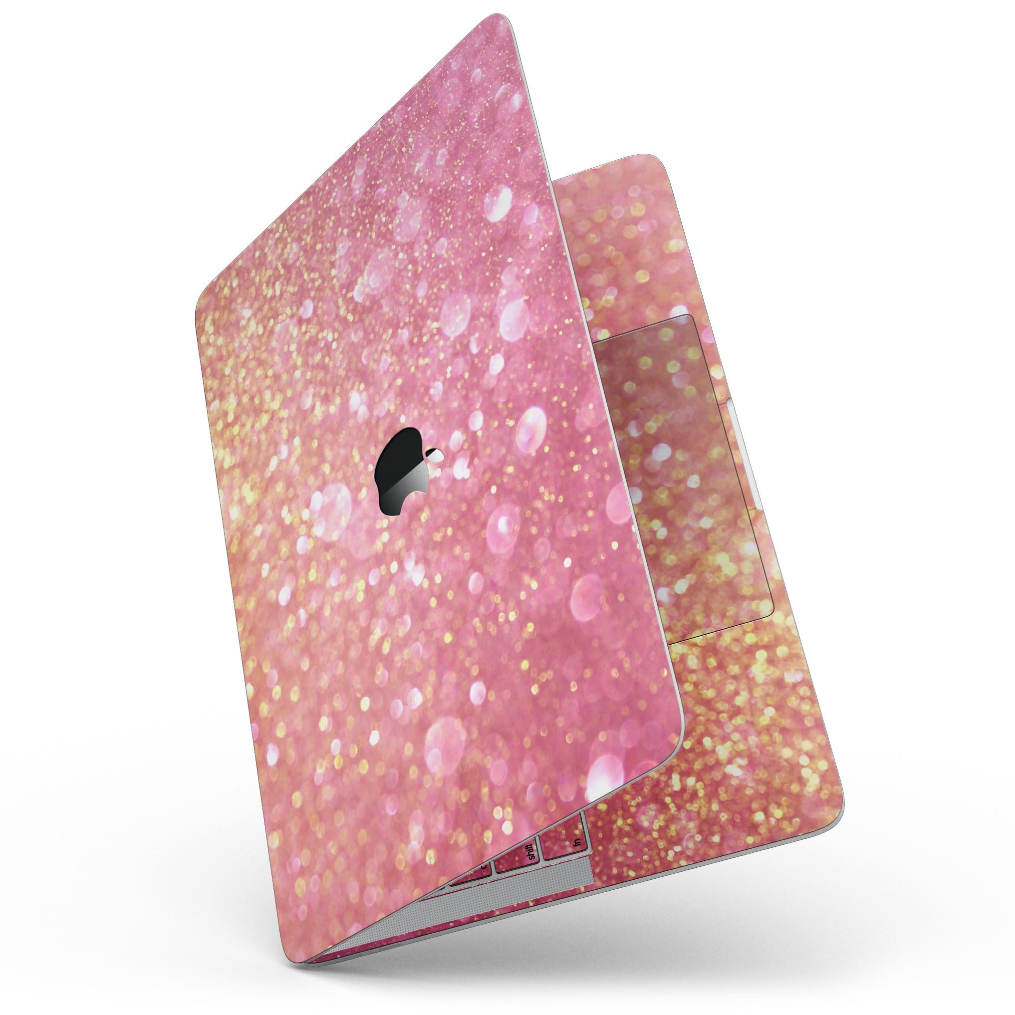 Glowing Pink and Gold Orbs of Light skin for MacBook Pro, showcasing vibrant colors and a sleek design.