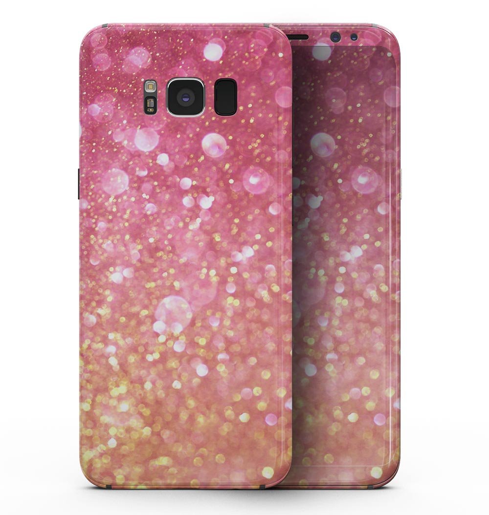 Samsung Galaxy S8 with Glowing Pink and Gold Orbs of Light full-body skin, showcasing vibrant colors and sleek design.