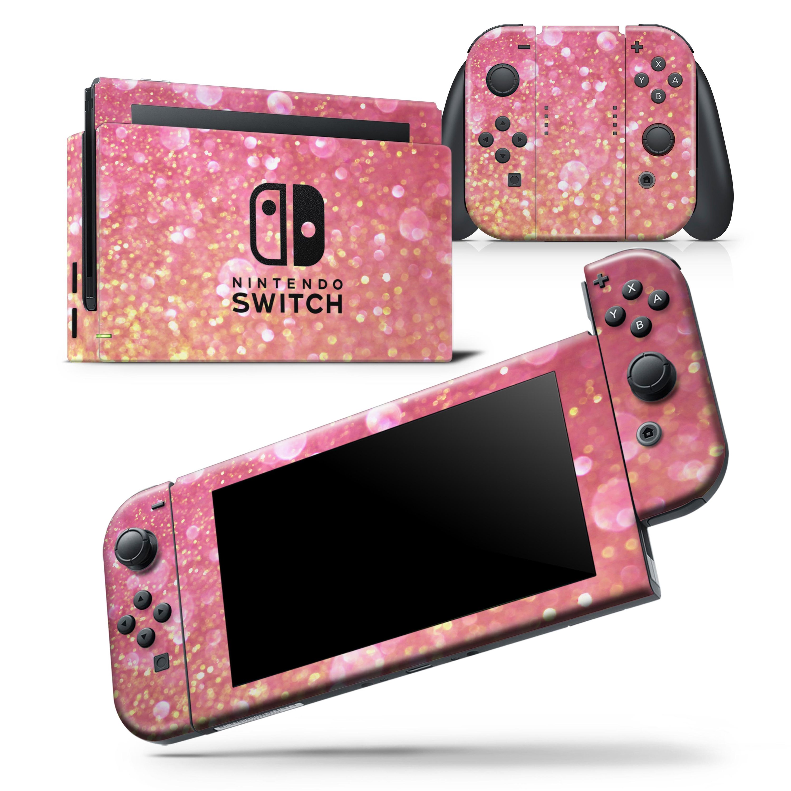 Glowing Pink and Gold Orbs of Light skin wrap decal for Nintendo Switch, showcasing vibrant colors and a sleek design.