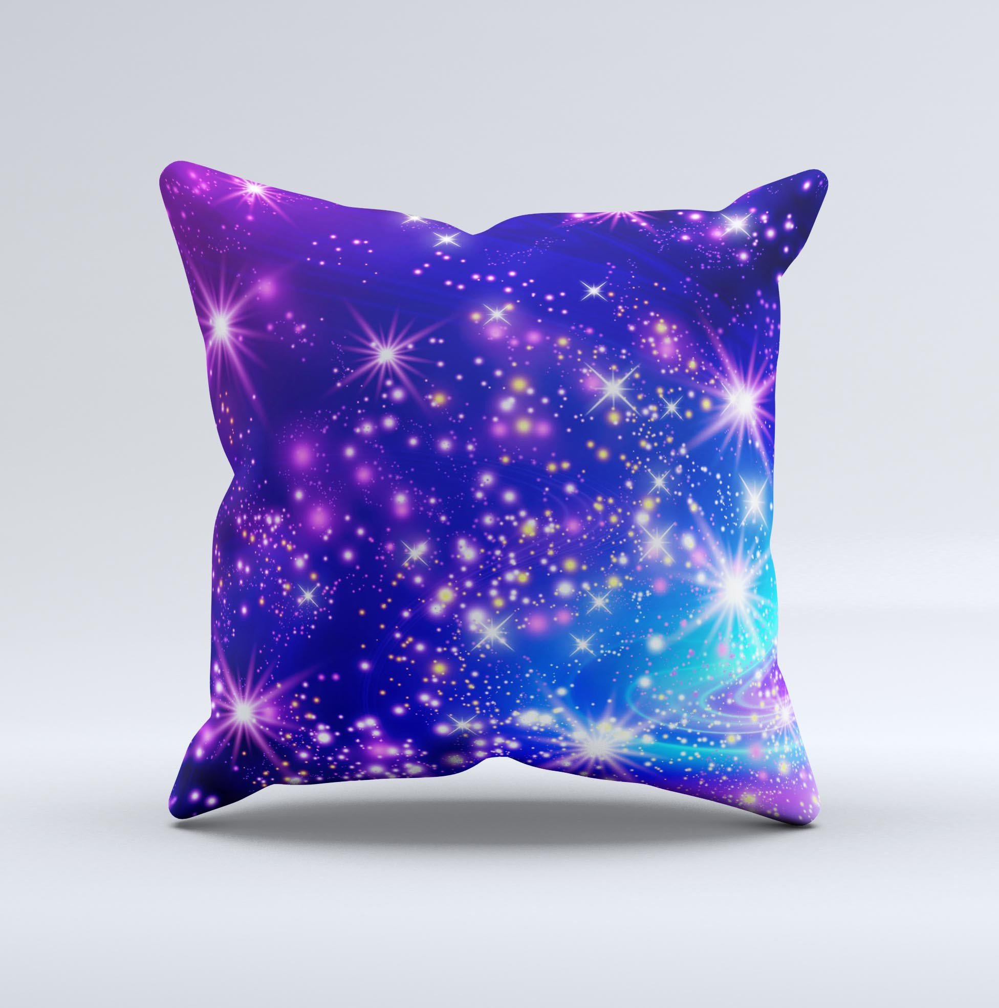 Glowing Pink & Blue Starry Orbit ink-Fuzed Decorative Throw Pillow showcasing vibrant colors and unique design, perfect for home decor.