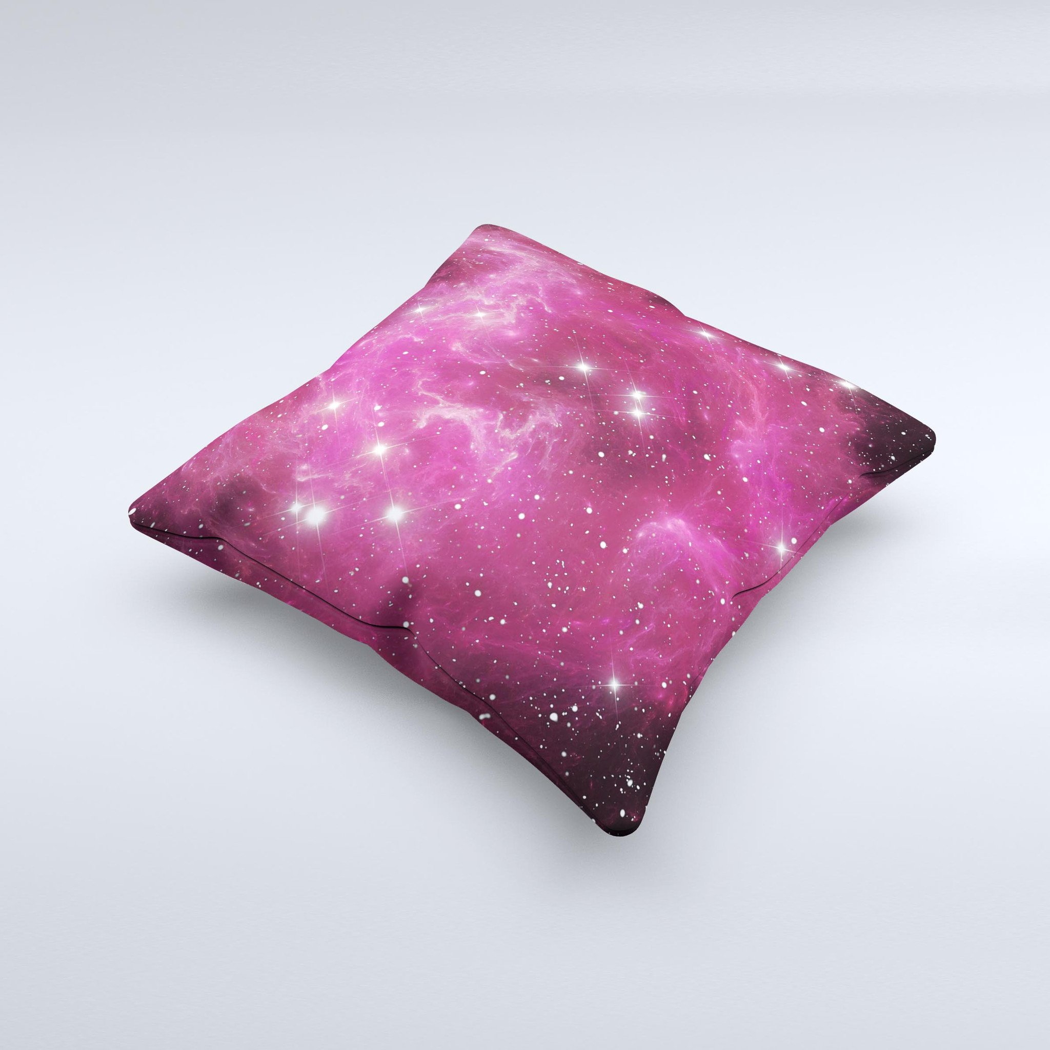 Glowing Pink Nebula Ink-Fuzed Decorative Throw Pillow showcasing vibrant pink hues and unique nebula design, handcrafted in Virginia.