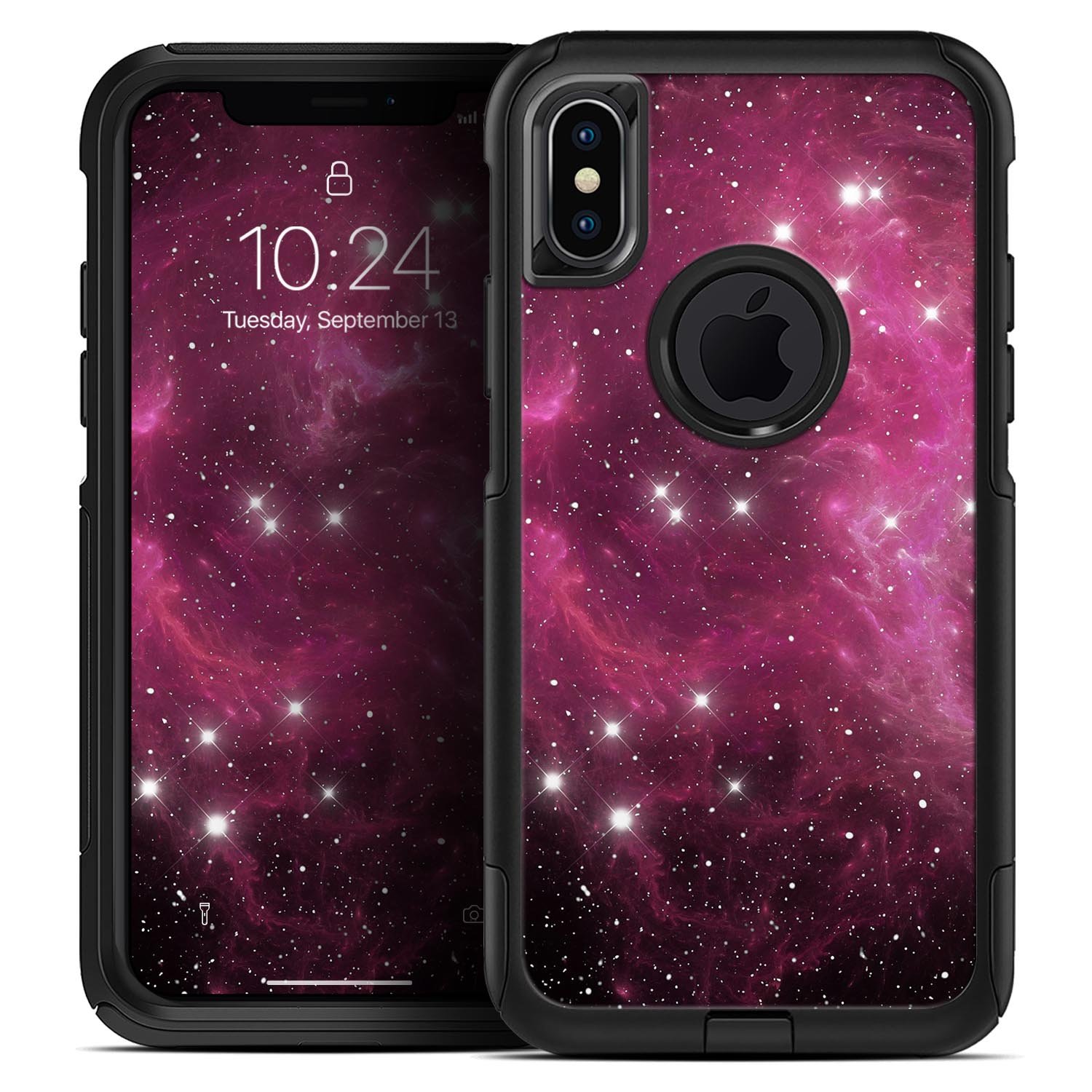 Glowing Pink Nebula Skin Kit for iPhone OtterBox Cases, showcasing vibrant colors and sleek design.
