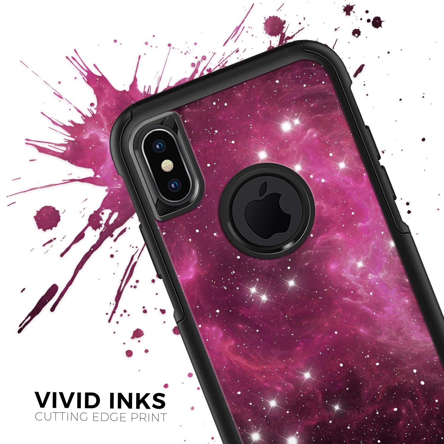 Glowing Pink Nebula Skin Kit for iPhone OtterBox Cases, showcasing vibrant colors and sleek design.