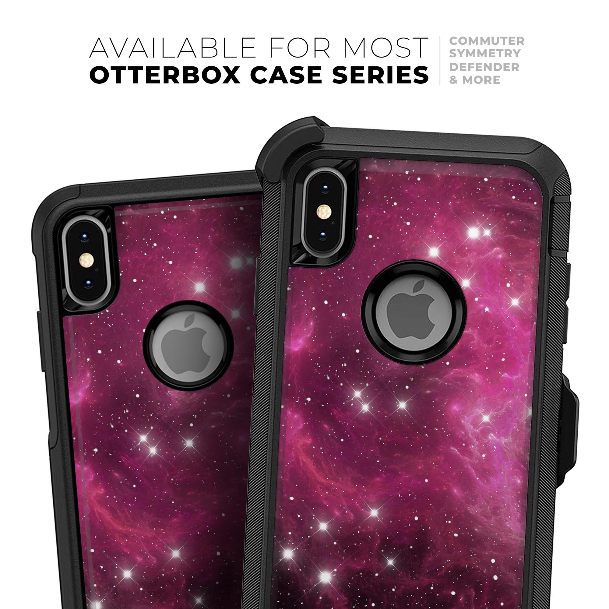 Glowing Pink Nebula Skin Kit for iPhone OtterBox Cases, showcasing vibrant colors and sleek design.
