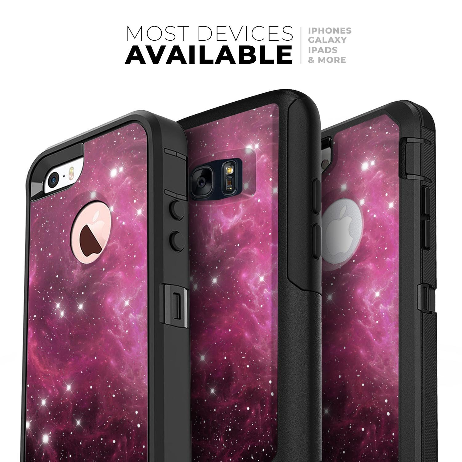 Glowing Pink Nebula Skin Kit for iPhone OtterBox Cases, showcasing vibrant colors and sleek design.