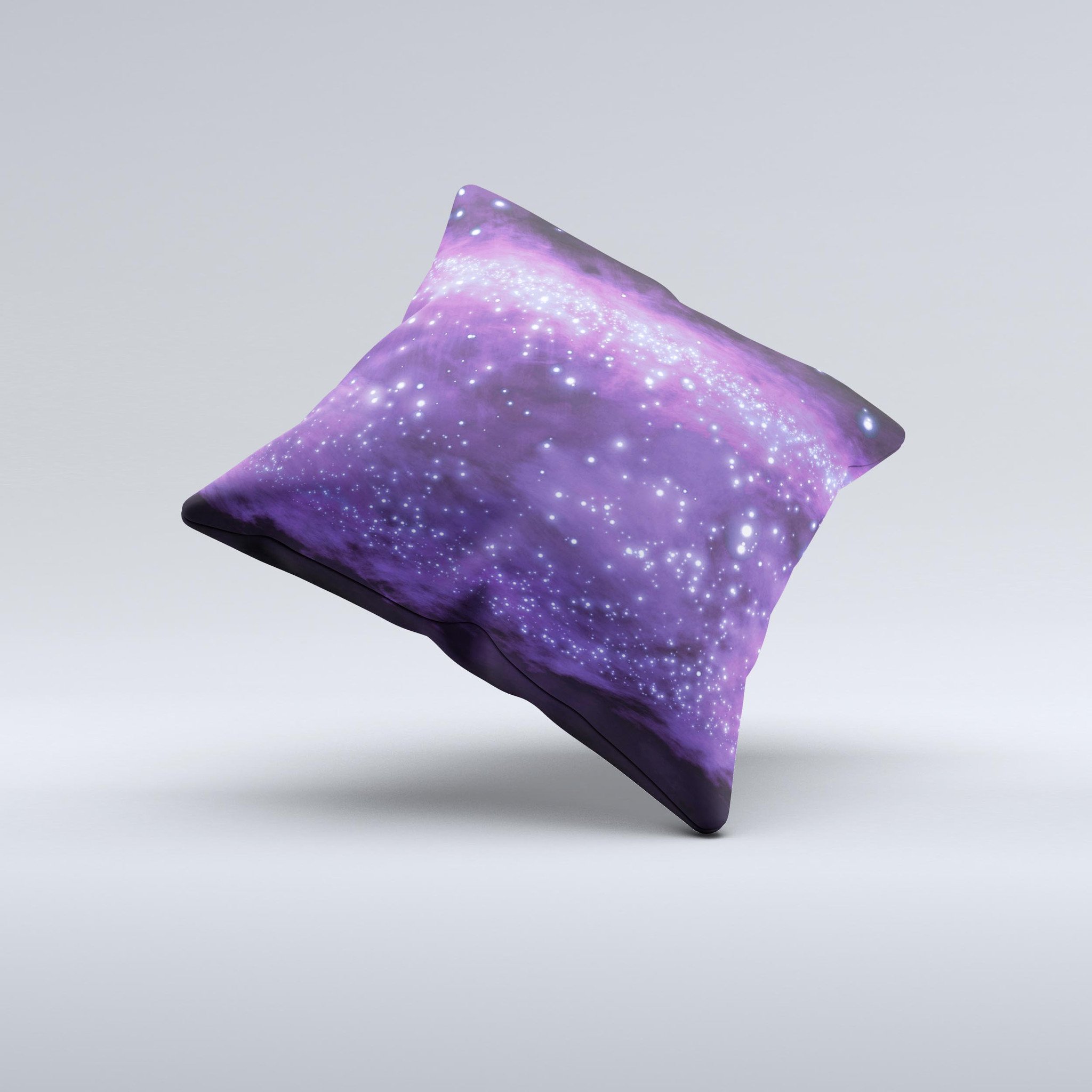 A vibrant decorative throw pillow featuring glowing purple orbs of light, handcrafted with high thread count fabric and unique designs.