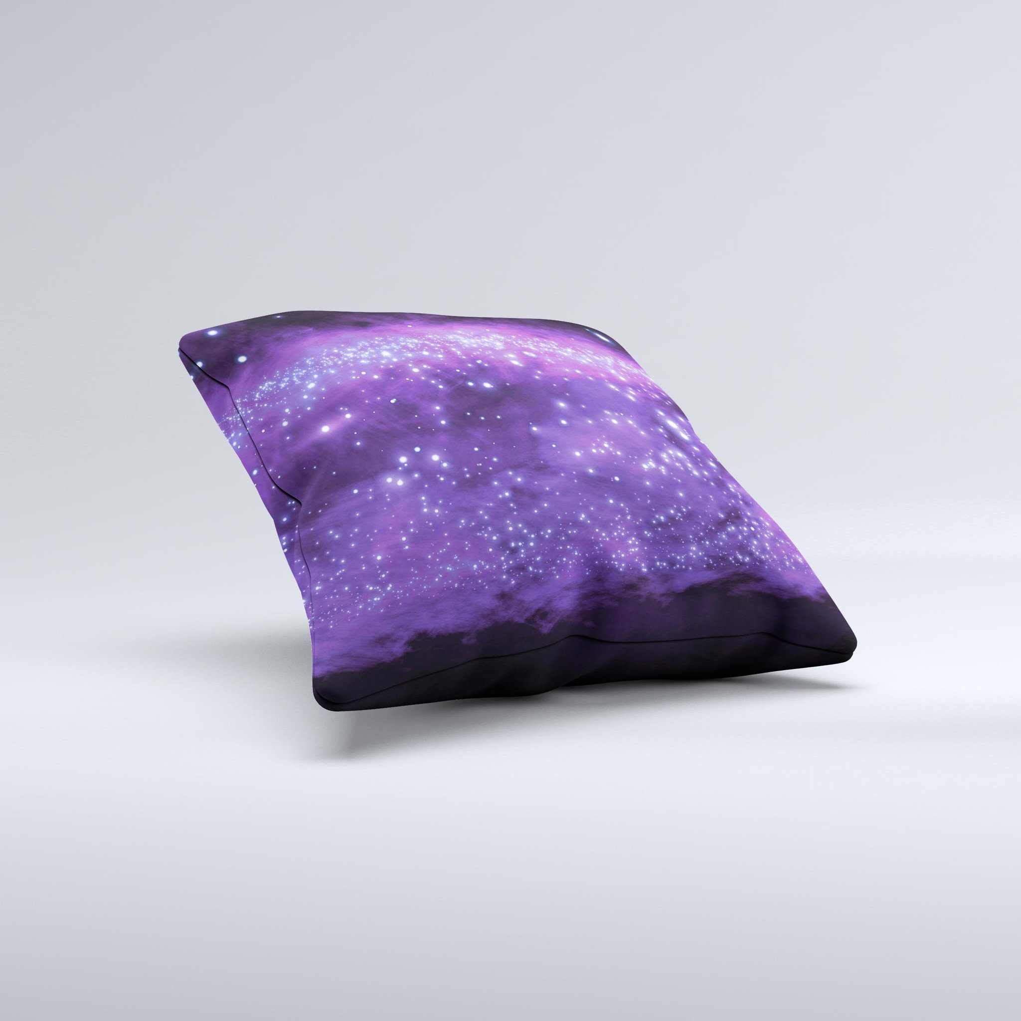 A vibrant decorative throw pillow featuring glowing purple orbs of light, handcrafted with high thread count fabric and unique designs.