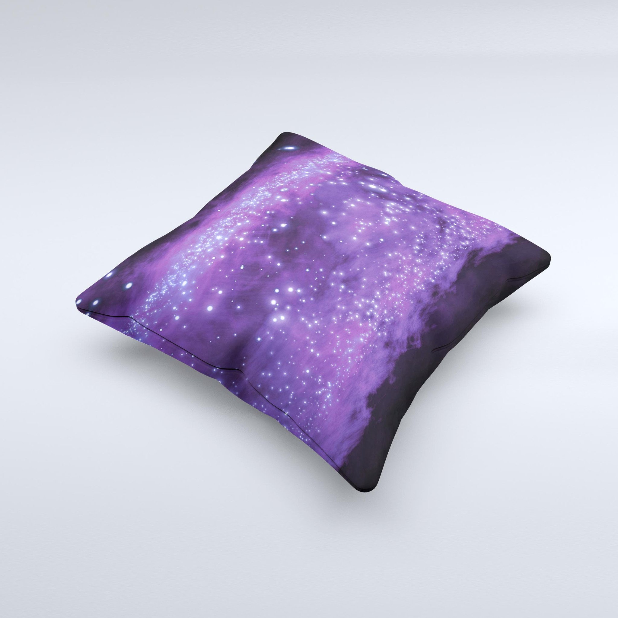 A vibrant decorative throw pillow featuring glowing purple orbs of light, handcrafted with high thread count fabric and unique designs.