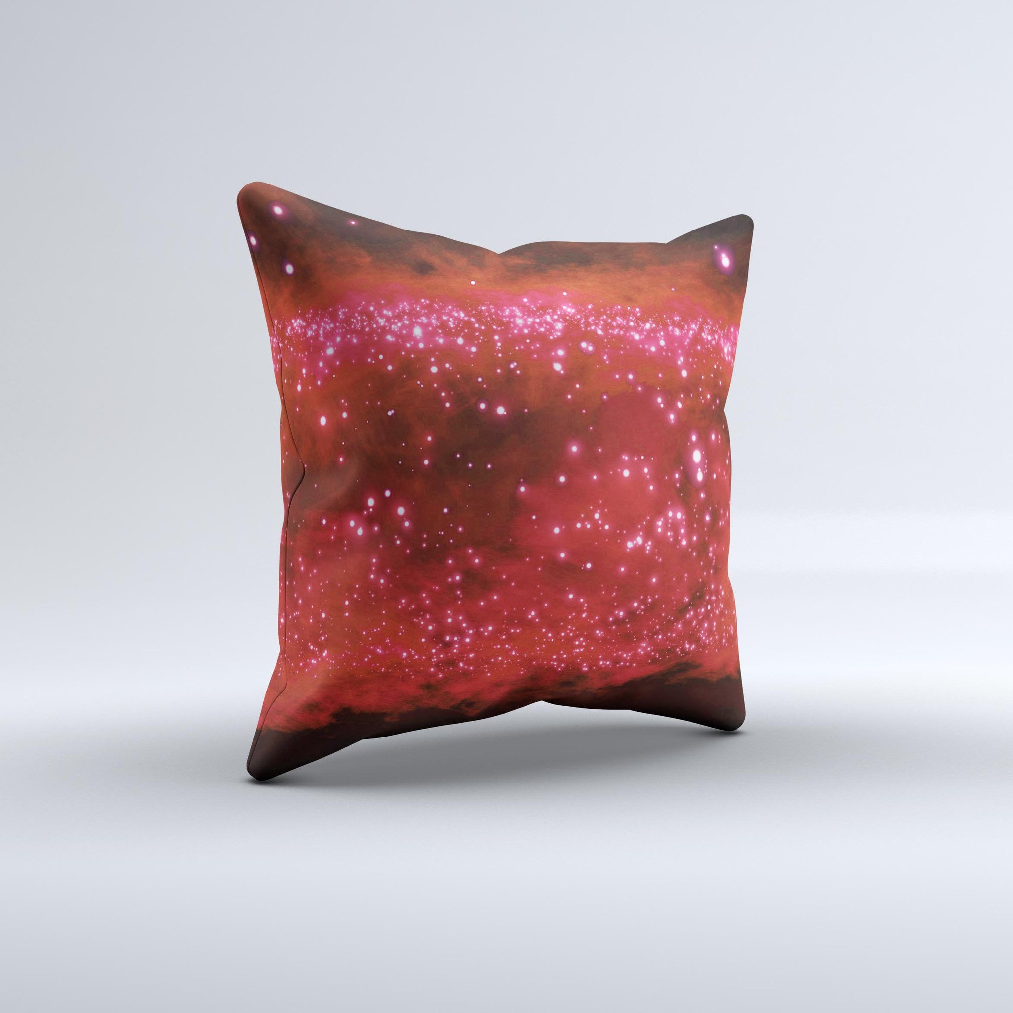 A decorative throw pillow featuring glowing red orbs of light on a soft fabric background, handcrafted in Virginia.