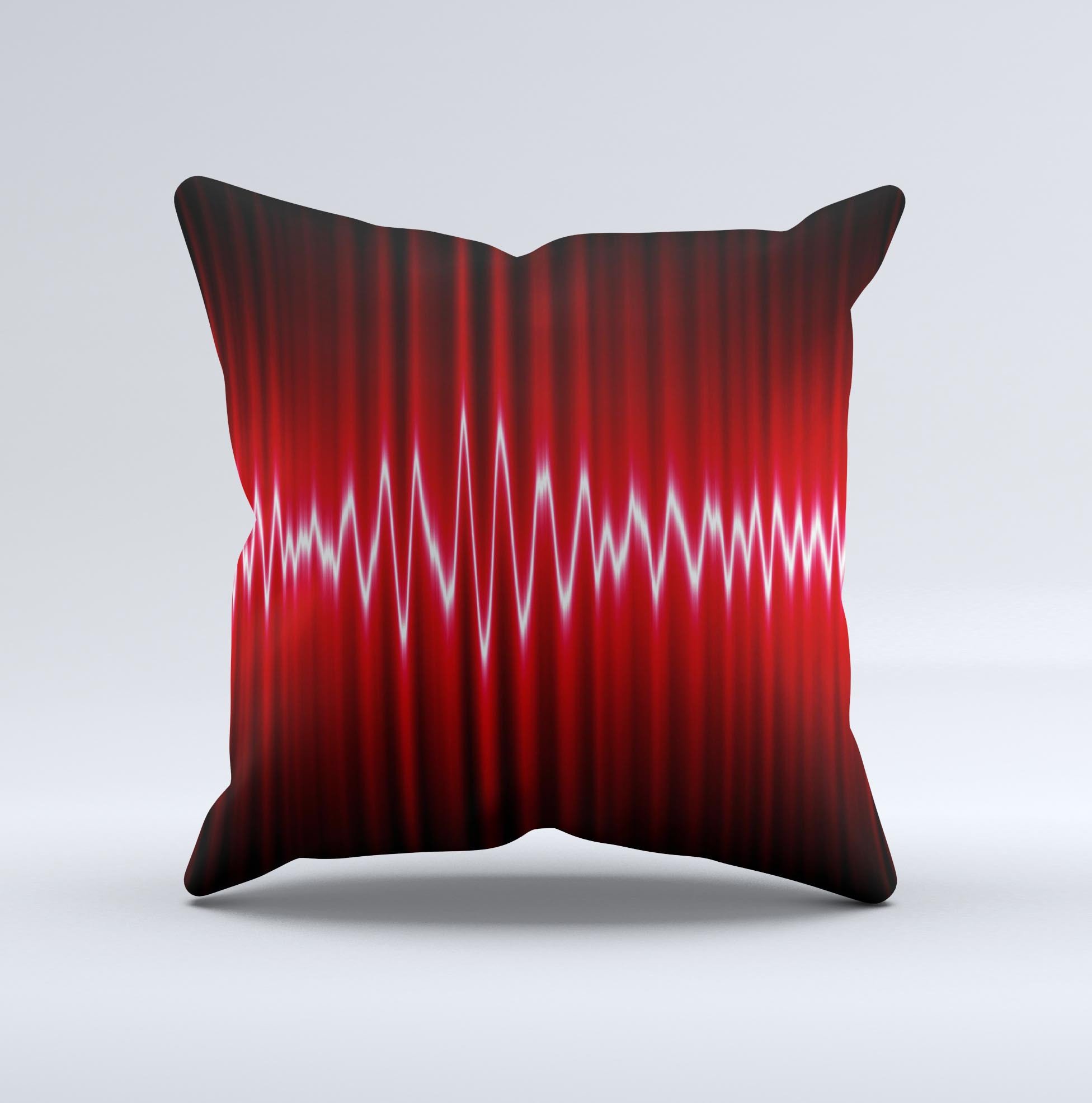 A vibrant decorative throw pillow featuring a glowing red wiggly line design, handcrafted with high-quality materials in Virginia.