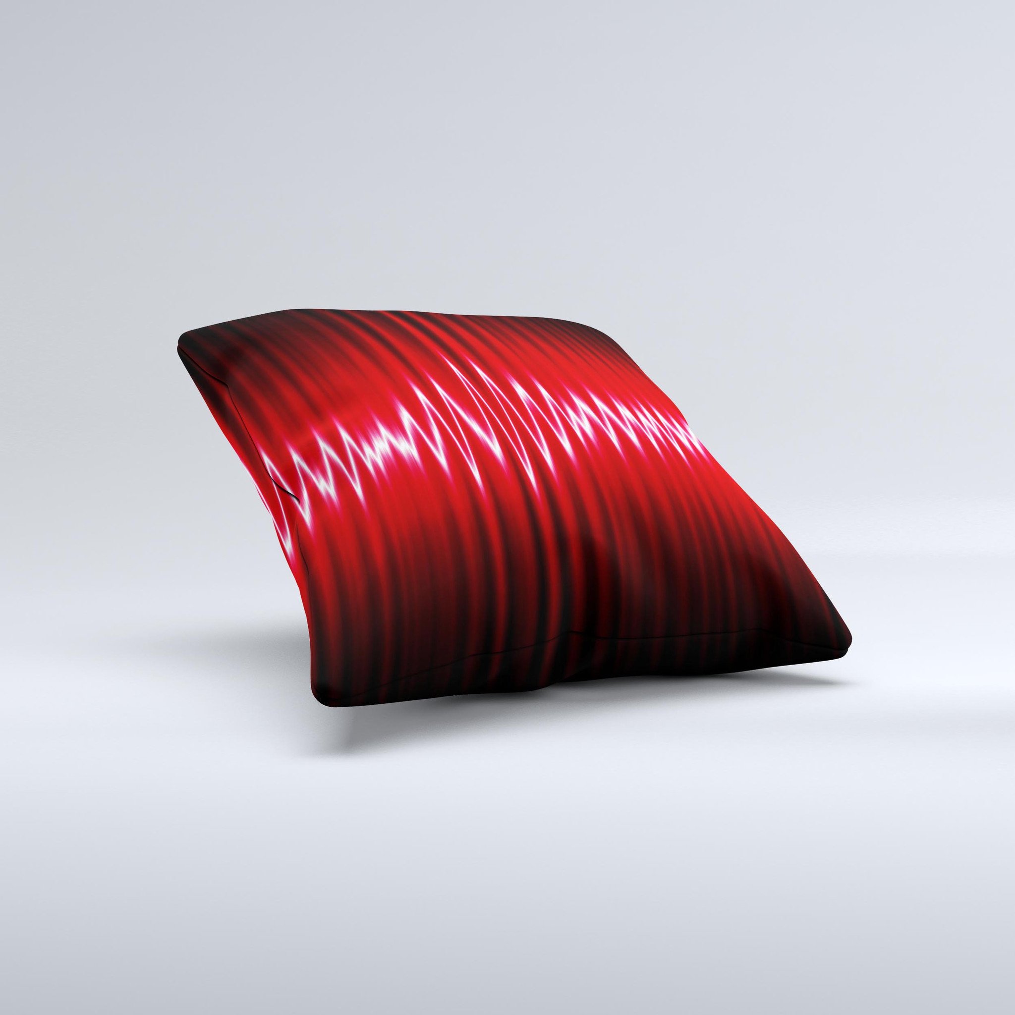 A vibrant decorative throw pillow featuring a glowing red wiggly line design, handcrafted with high-quality materials in Virginia.