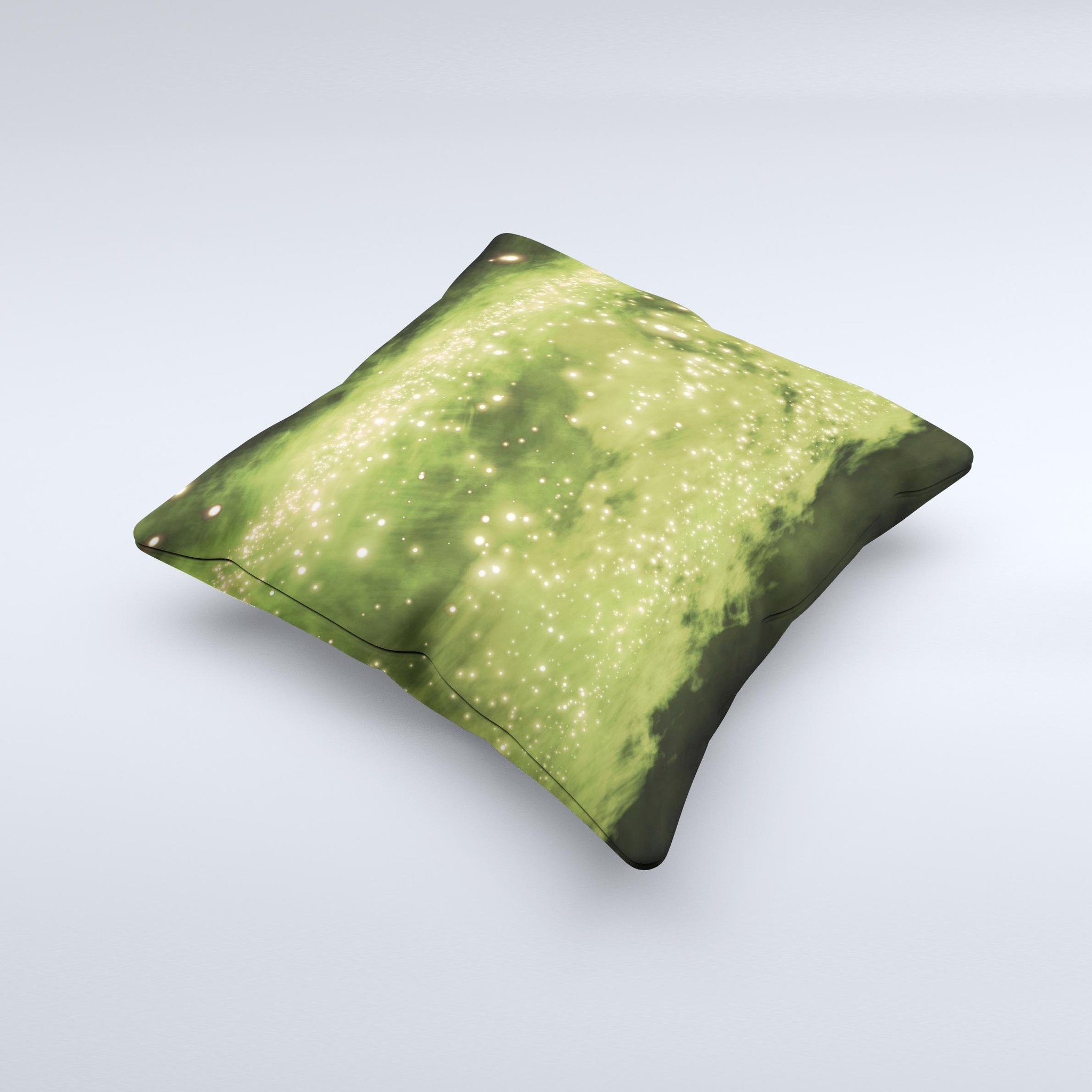 A vibrant decorative throw pillow featuring glowing yellow orbs of light, handcrafted in Virginia with a high thread count fabric and unique design.