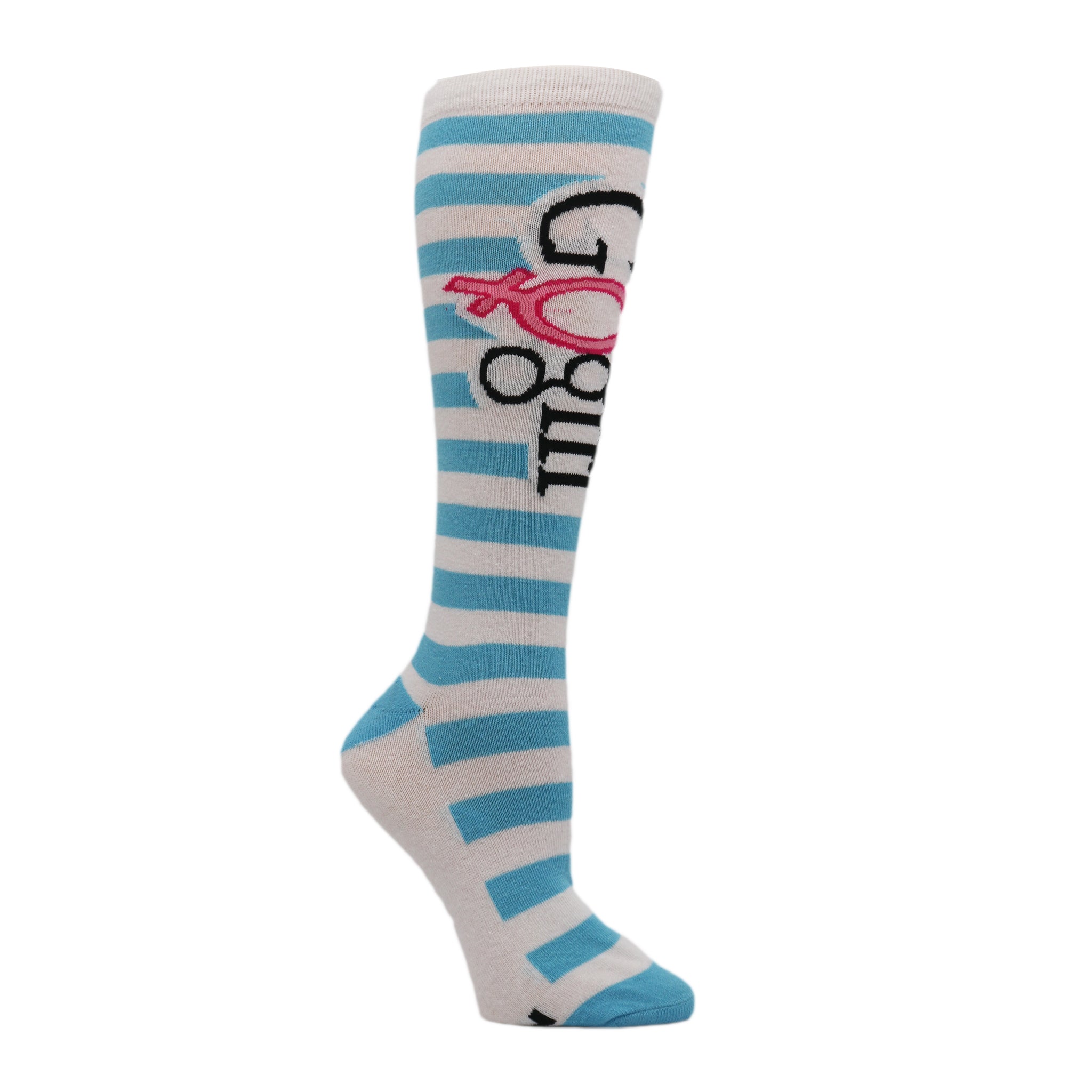 Go Girl Knee High Socks featuring blue and white stripes with a female symbol, designed for women's fitness and empowerment.
