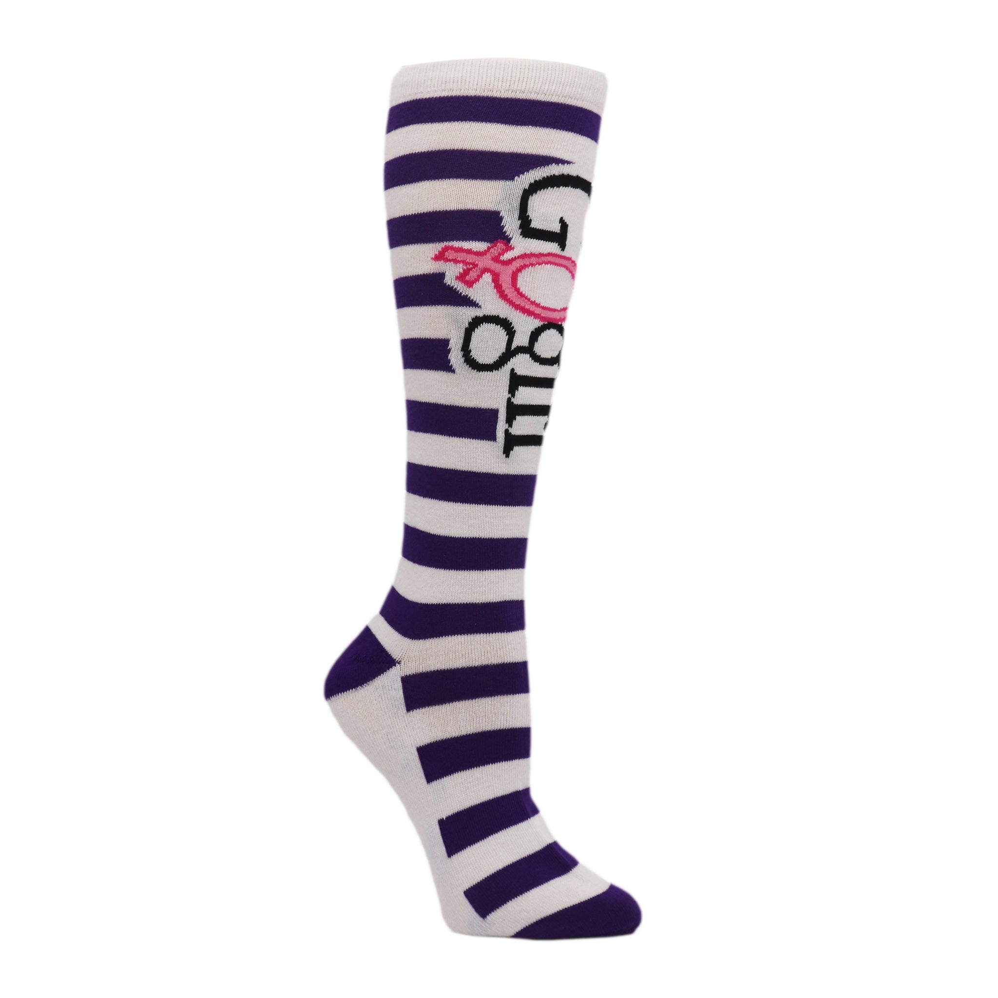 Go Girl Knee High Socks featuring blue and white stripes with a female symbol, designed for women's fitness and empowerment.