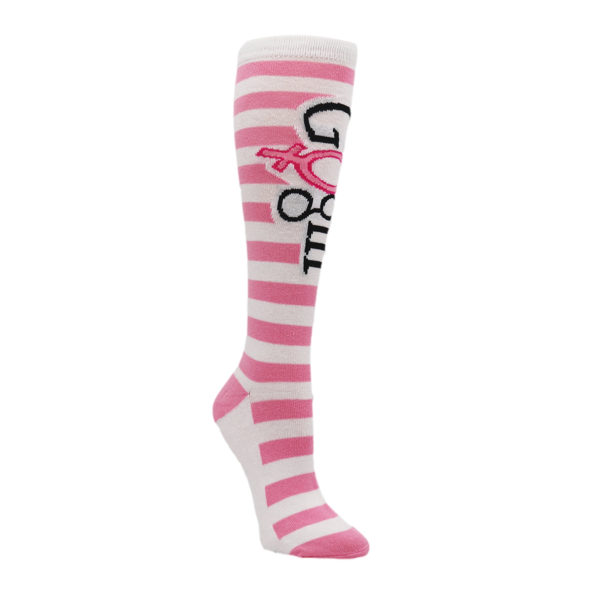 Go Girl Knee High Socks featuring blue and white stripes with a female symbol, designed for women's fitness and empowerment.