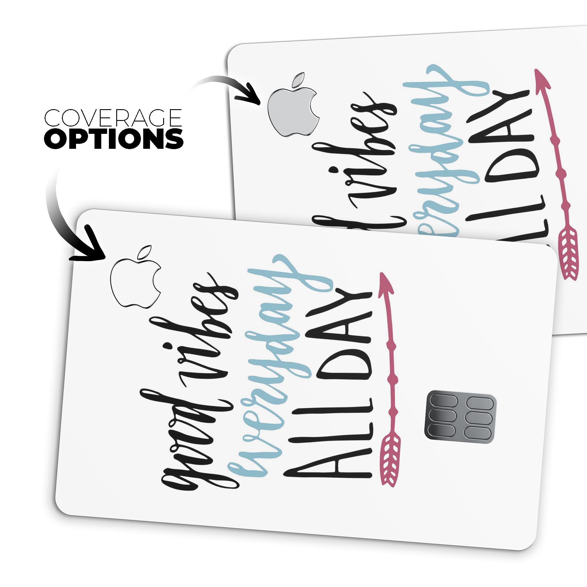Good Vibes Everyday ALL DAY decal skin-kit for Apple Card, showcasing premium vinyl material and available finishes.