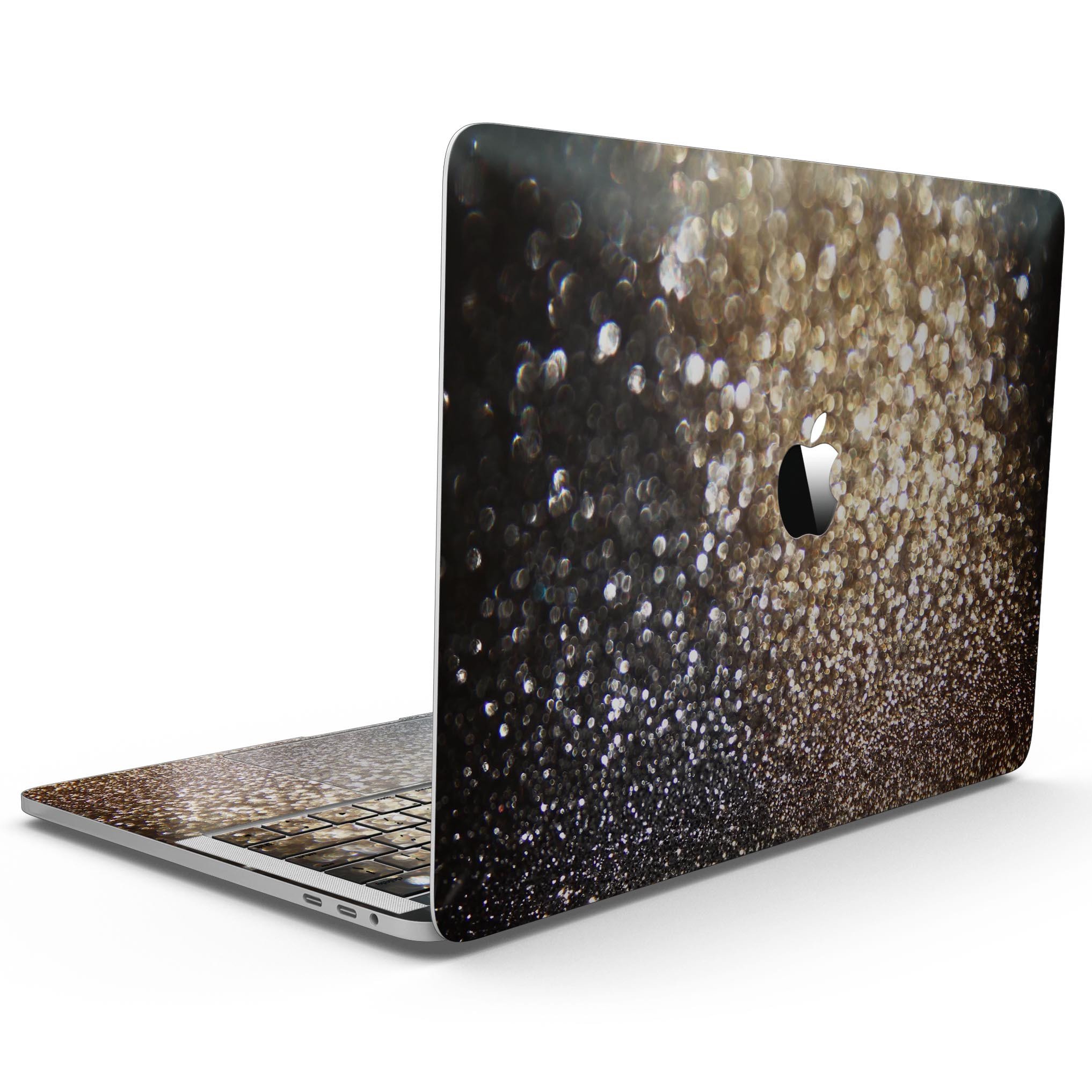 Gold and Black Unfocused Glimmering RainFall skin for MacBook Pro, showcasing a stylish design that protects against scratches.