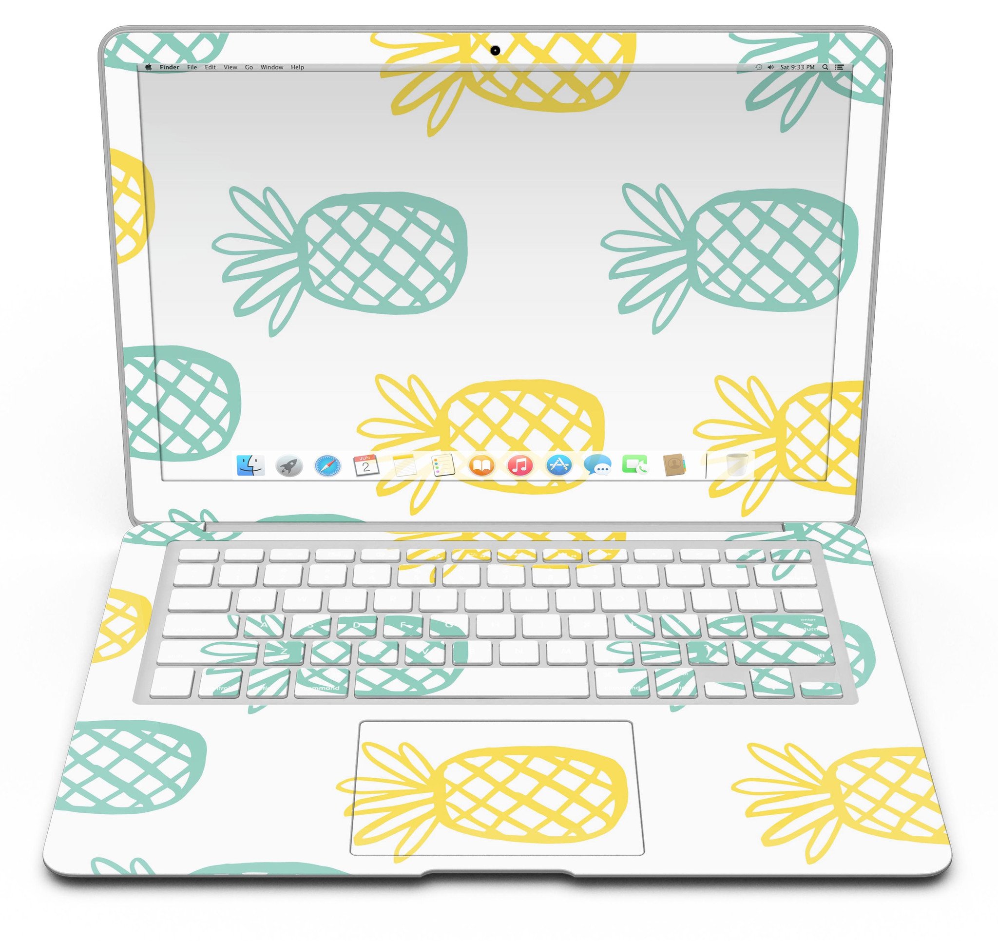 Gold and Mint Pineapple MacBook Air Skin Kit showcasing vibrant design and premium vinyl material.
