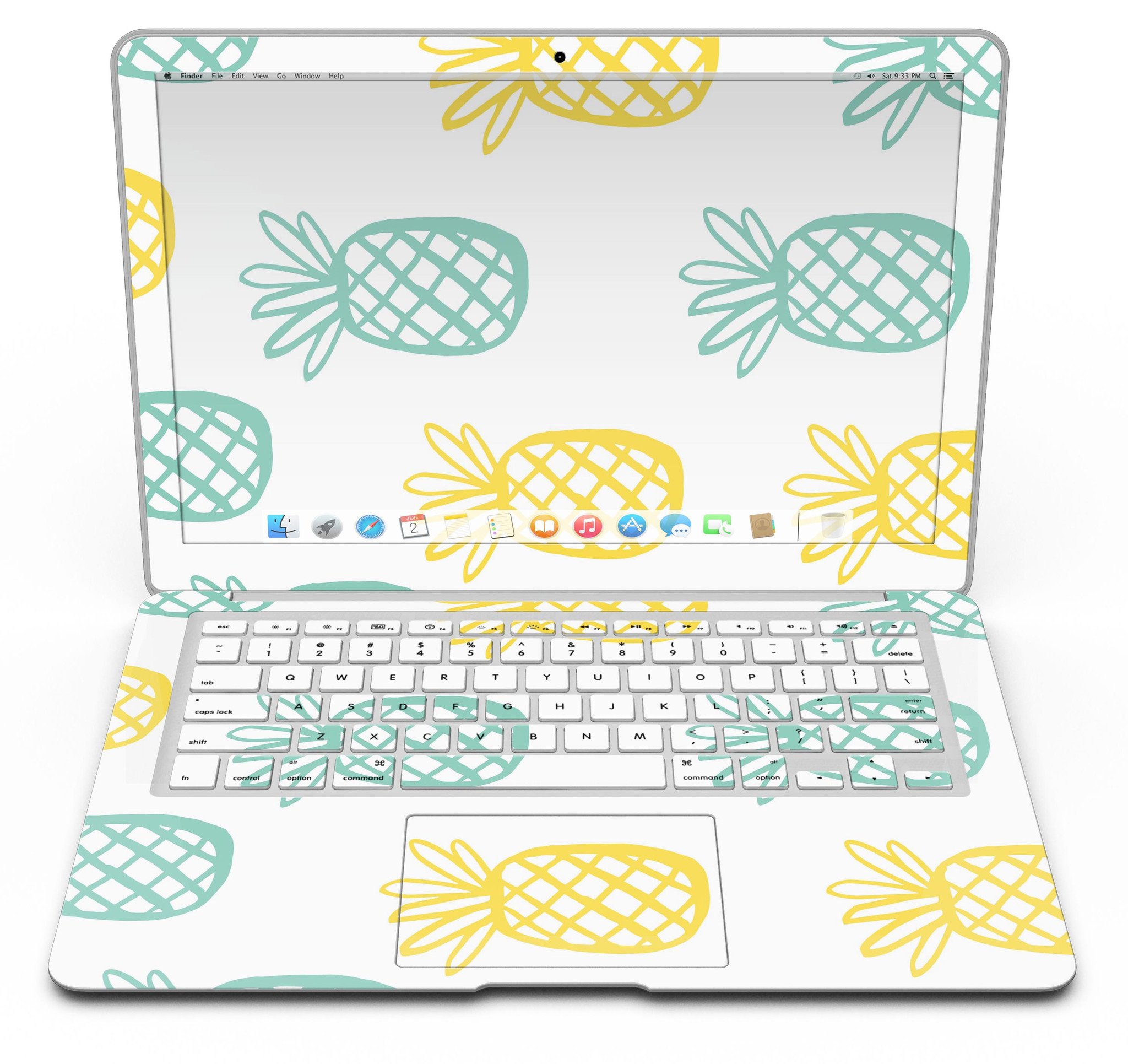 Gold and Mint Pineapple MacBook Air Skin Kit showcasing vibrant design and premium vinyl material.