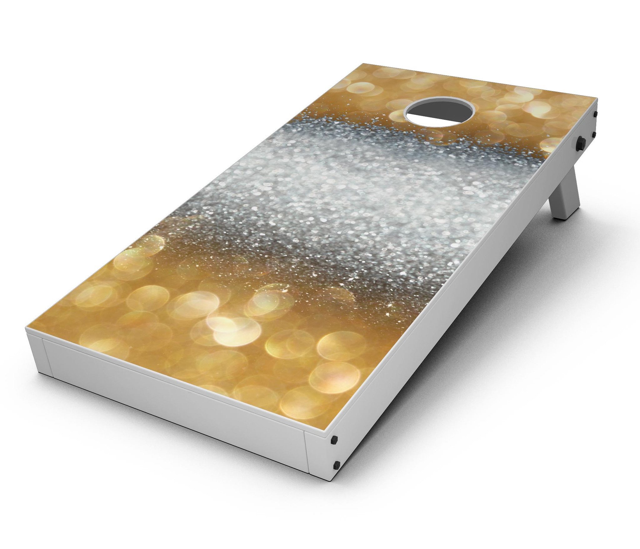 Gold and Silver Unfocused Orbs of Glowing Light Cornhole Board Skin, showcasing vibrant colors and unique design for enhanced gameplay.