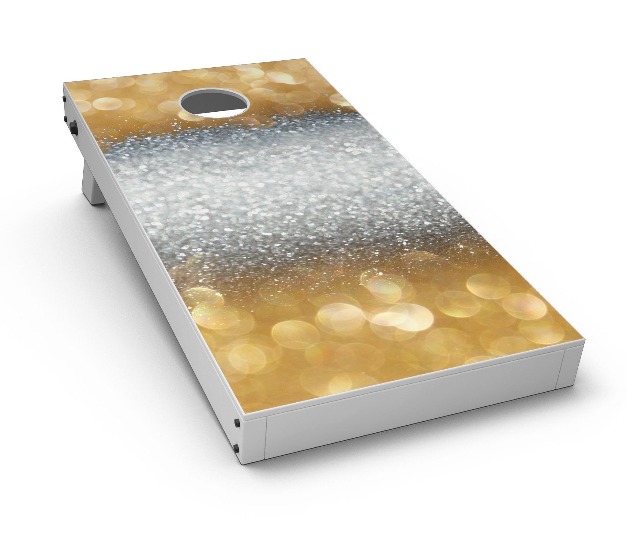 Gold and Silver Unfocused Orbs of Glowing Light Cornhole Board Skin, showcasing vibrant colors and unique design for enhanced gameplay.