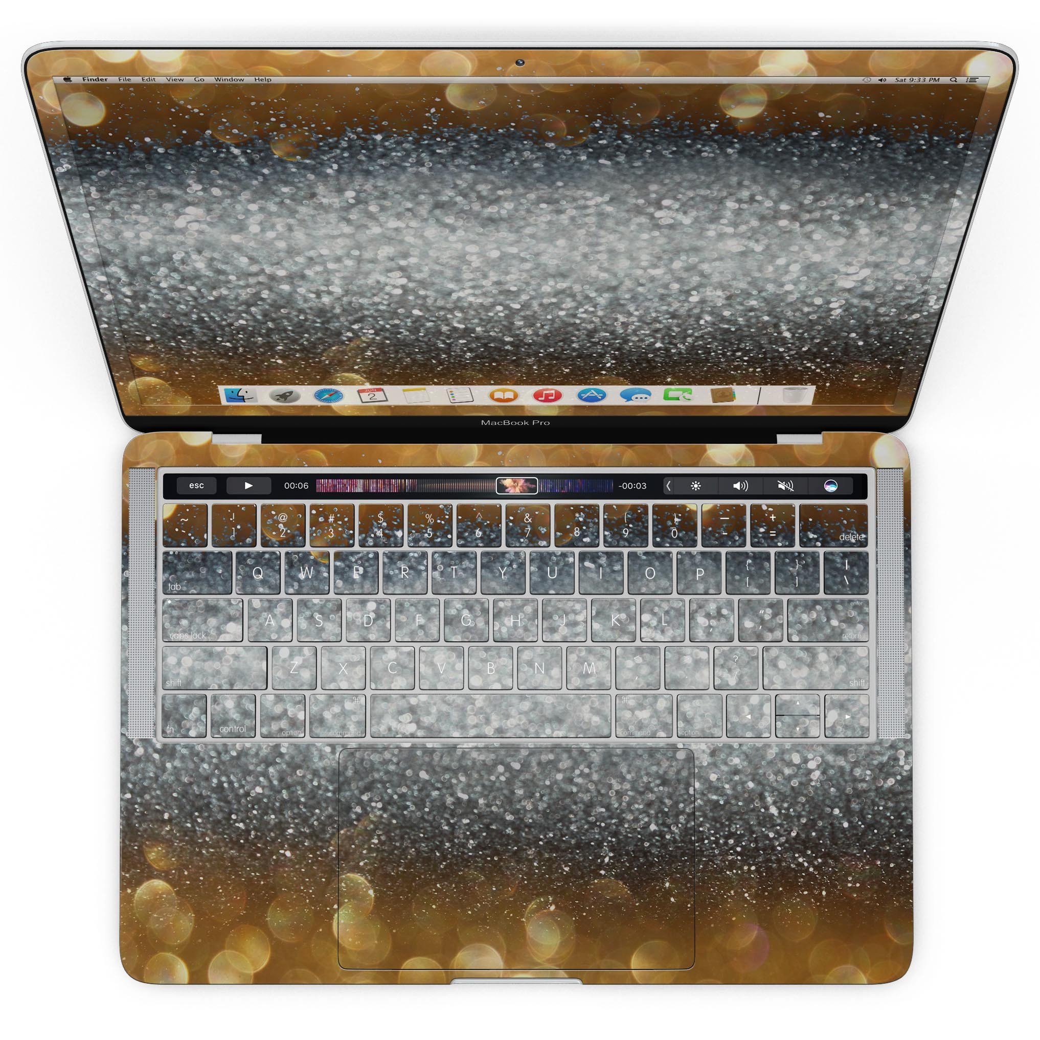 Gold and Silver Unfocused Orbs of Glowing Light skin applied to a MacBook Pro, showcasing its vibrant design and sleek finish.