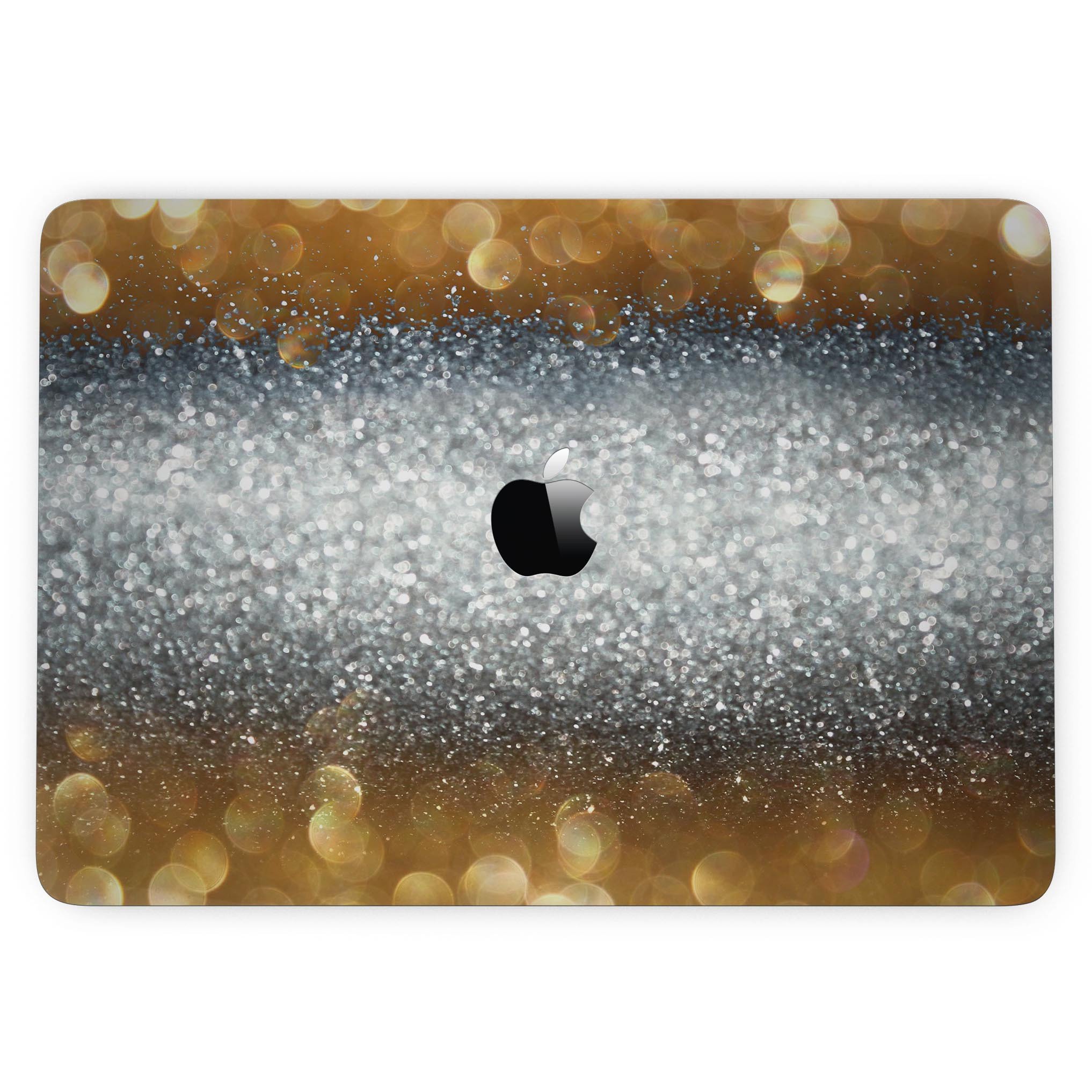 Gold and Silver Unfocused Orbs of Glowing Light skin applied to a MacBook Pro, showcasing its vibrant design and sleek finish.