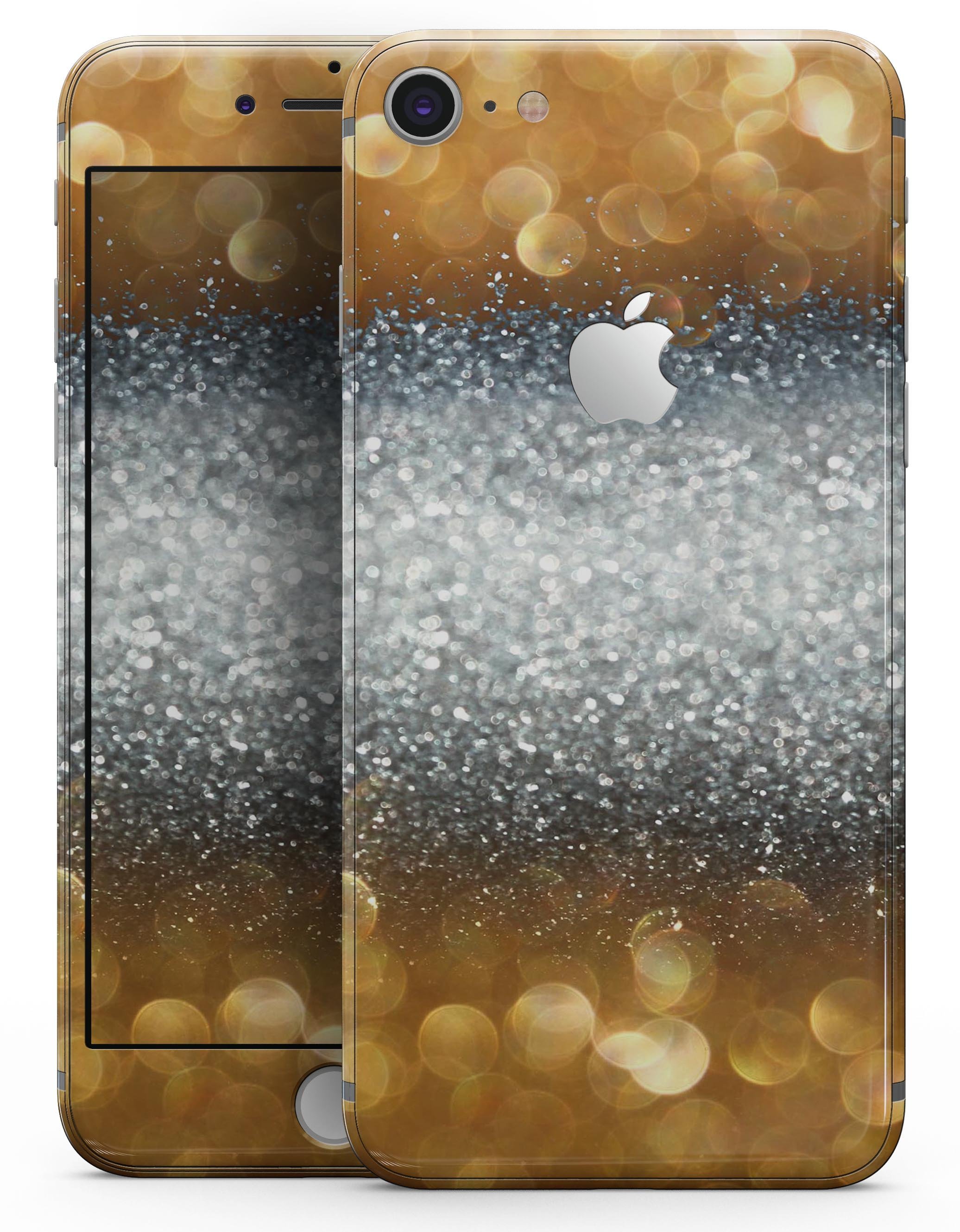 Gold and Silver Unfocused Orbs of Glowing Light skin for iPhone 8 and 8 Plus, showcasing vibrant colors and a sleek design.
