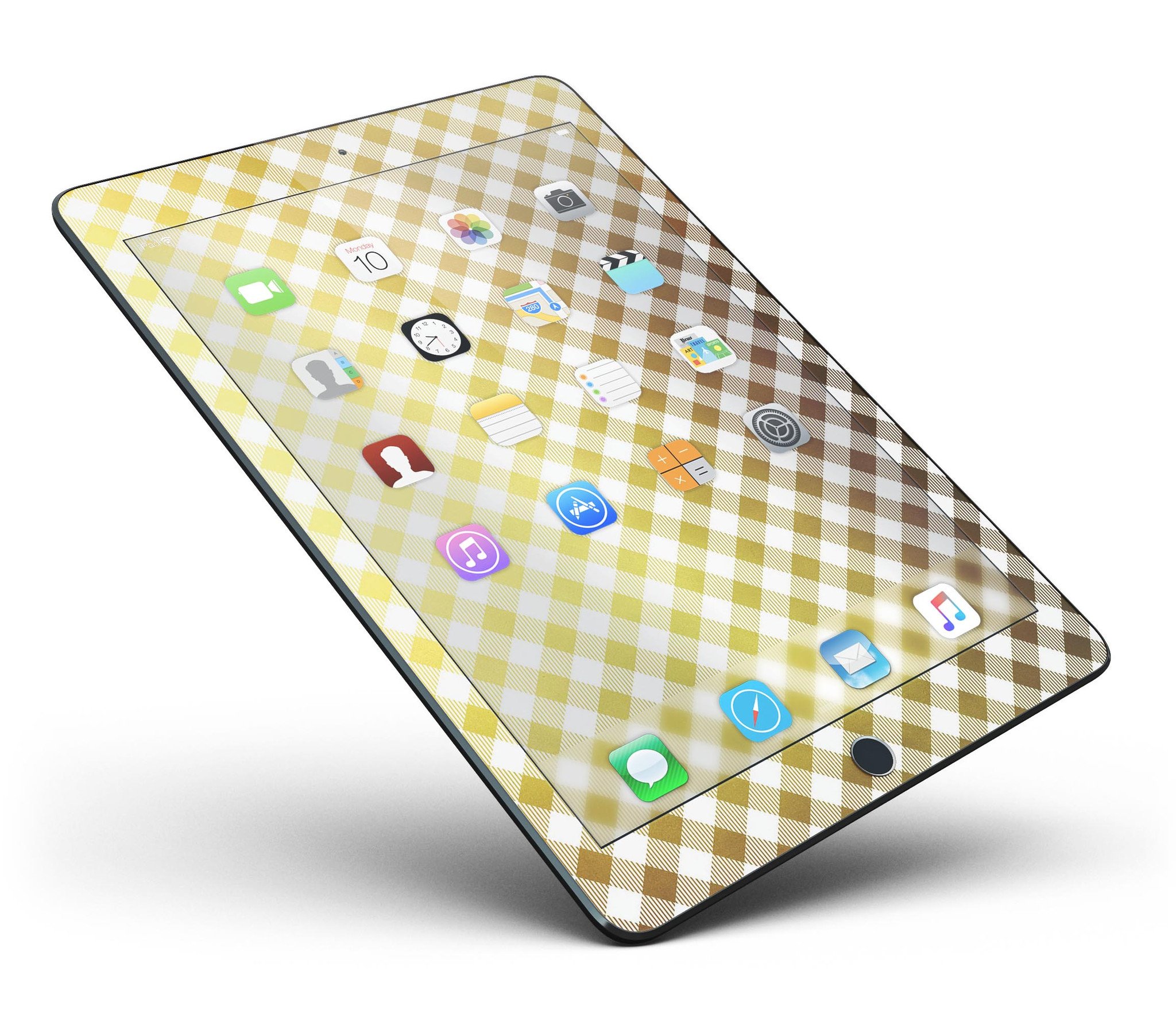 Gold and white plaid picnic table pattern skin for iPad, showcasing a stylish design that fits perfectly on the device.