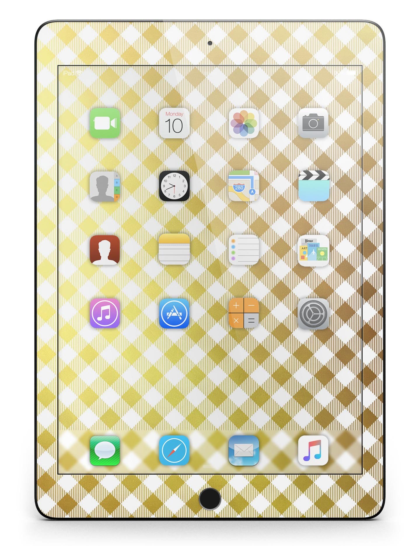 Gold and white plaid picnic table pattern skin for iPad, showcasing a stylish design that fits perfectly on the device.