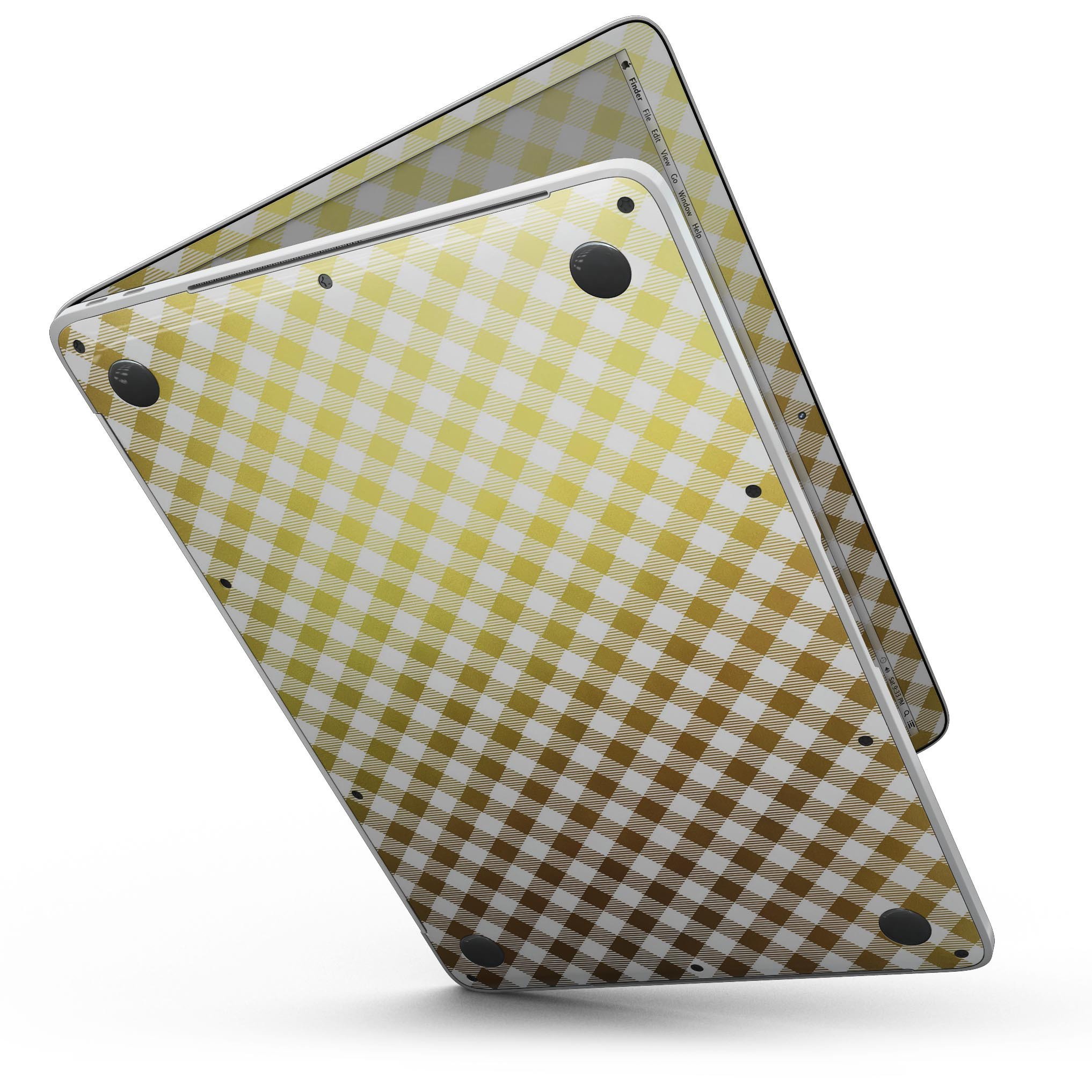Gold and white plaid picnic table pattern skin for MacBook Pro with Touch Bar, showcasing a stylish design that protects the device.