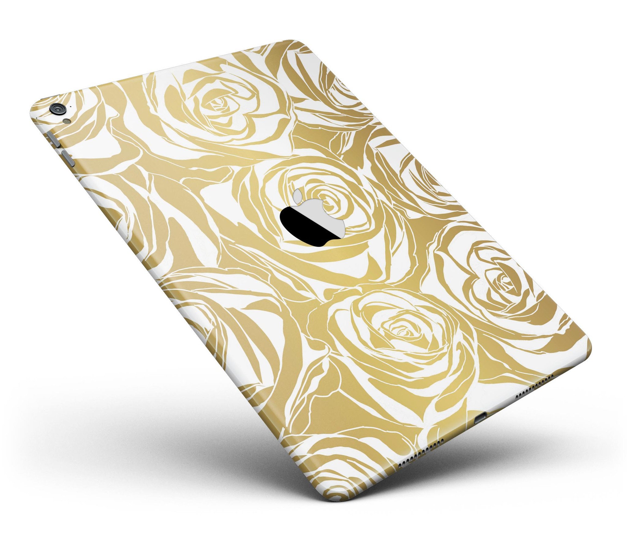 Gold and White Roses Full Body Skin for iPad Pro, showcasing vibrant floral design and premium vinyl material.