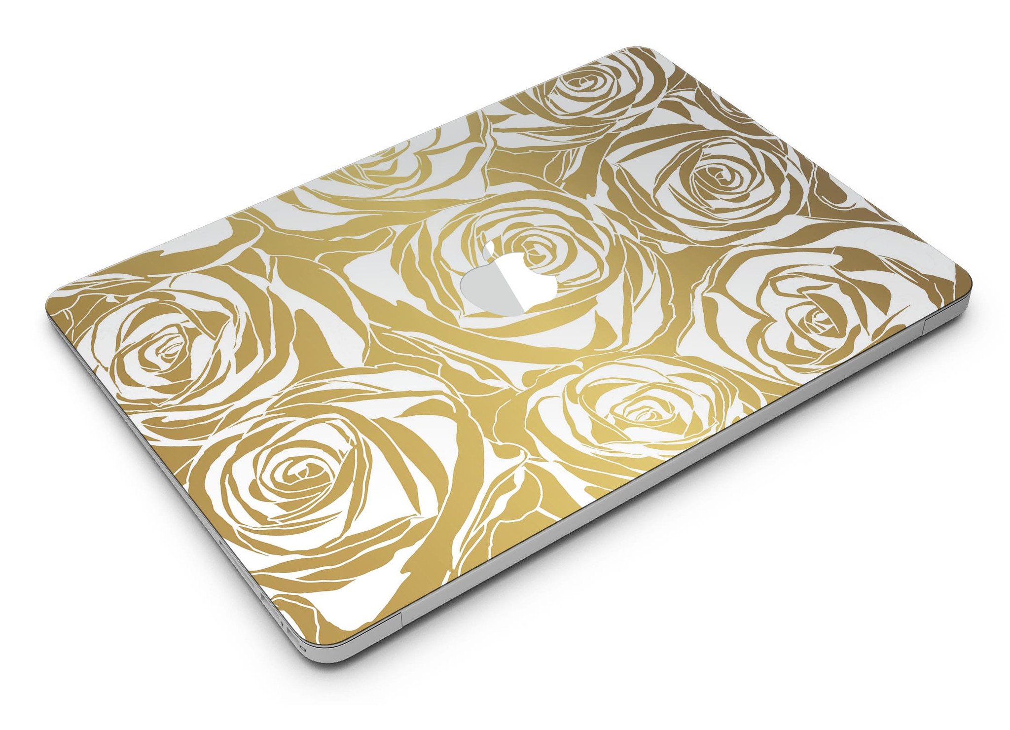 Gold and White Roses MacBook Air Skin Kit showcasing a floral design on a sleek laptop surface.