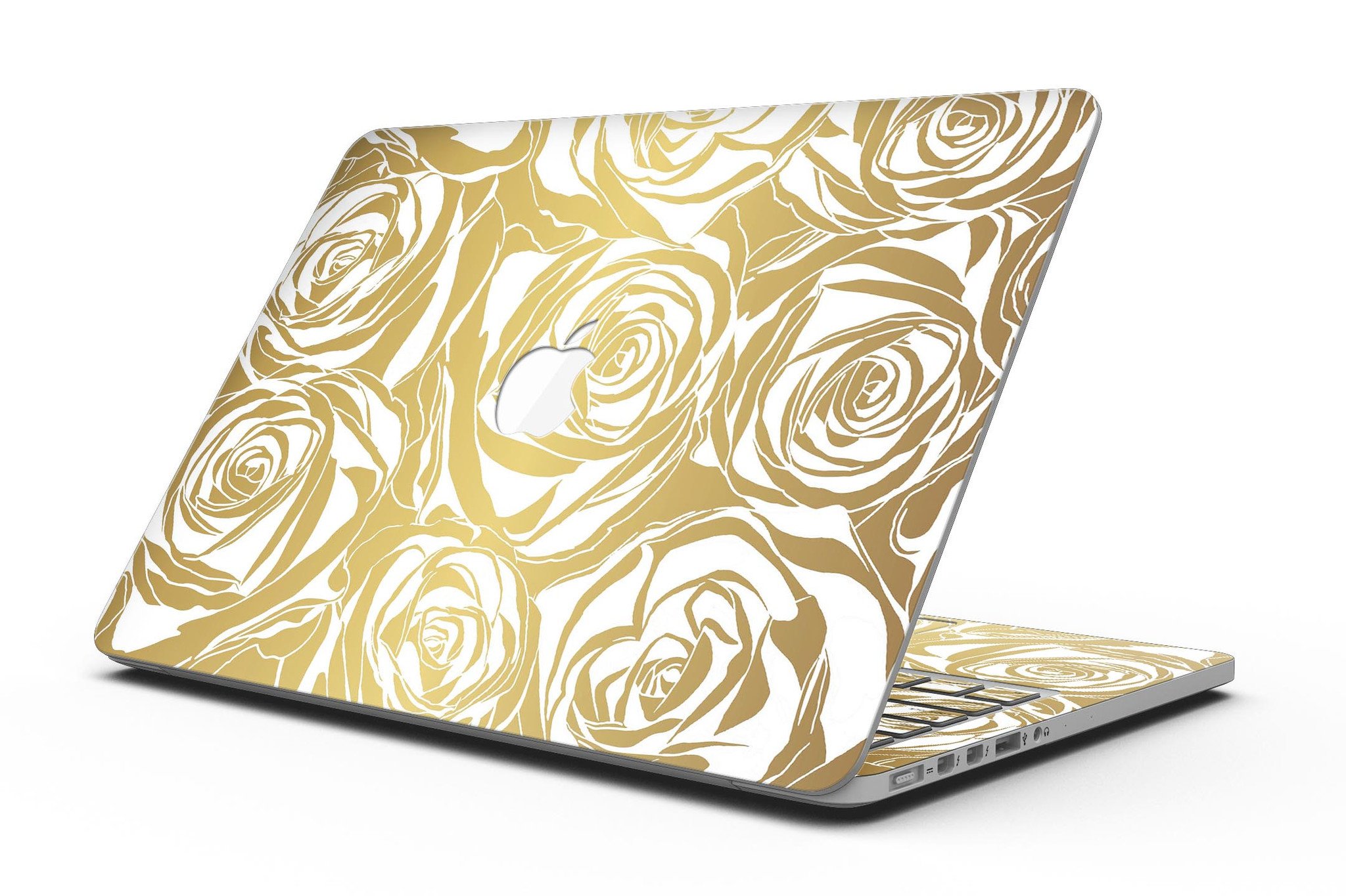 Gold and White Roses skin for MacBook Pro with Retina Display, showcasing elegant floral design and premium vinyl material.