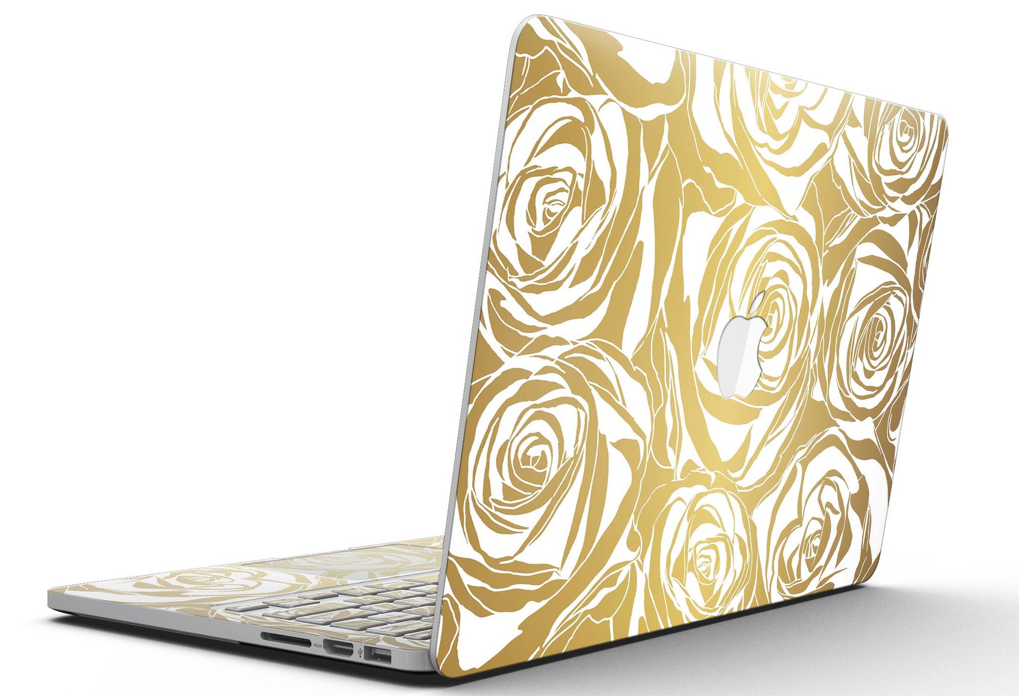 Gold and White Roses skin for MacBook Pro with Retina Display, showcasing elegant floral design and premium vinyl material.